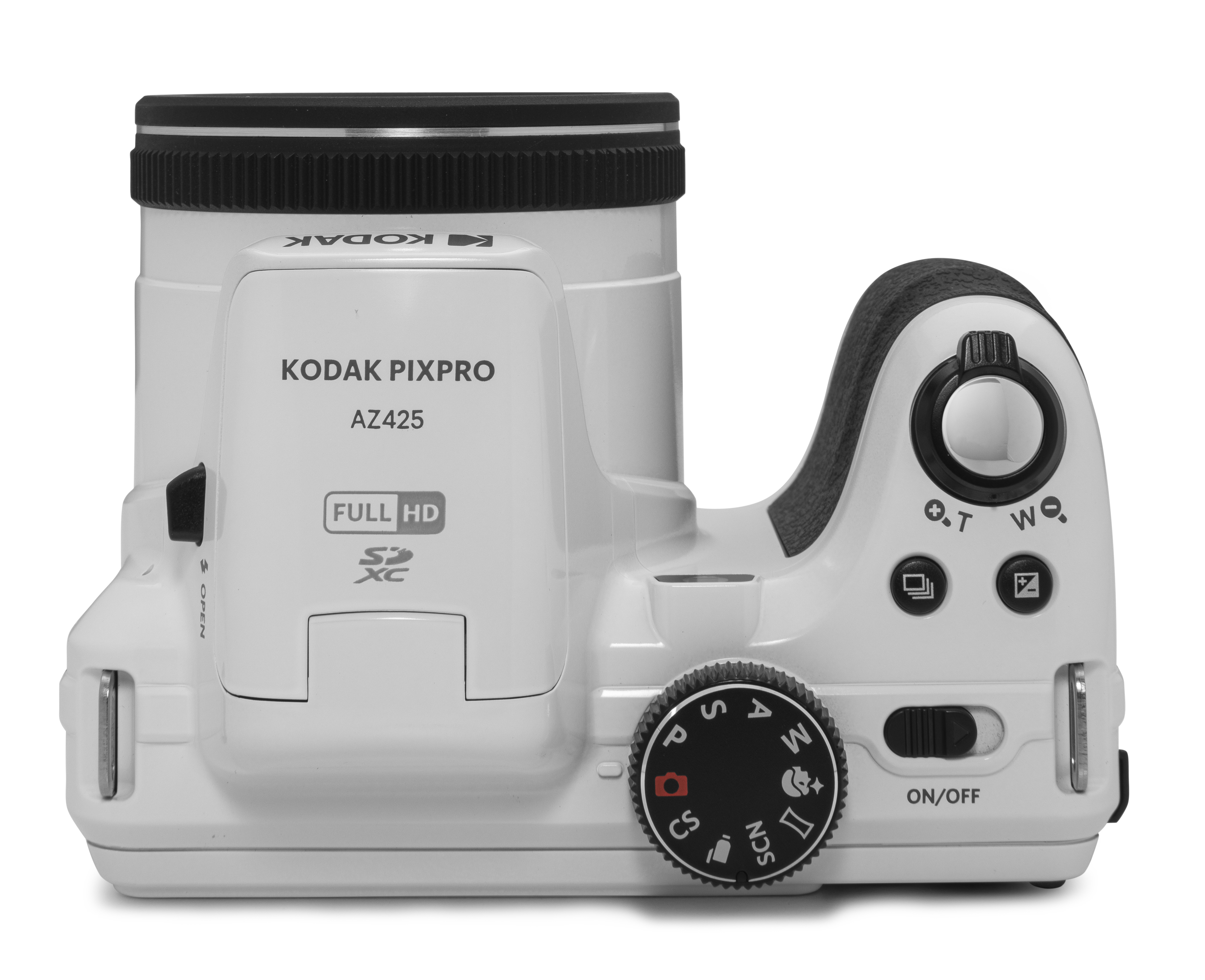 Beyaz bir Kodak Pixpro AZ425 kamera. Siyah bir merceğe, bir mod kadranına ve çeşitli düğmelere sahip.