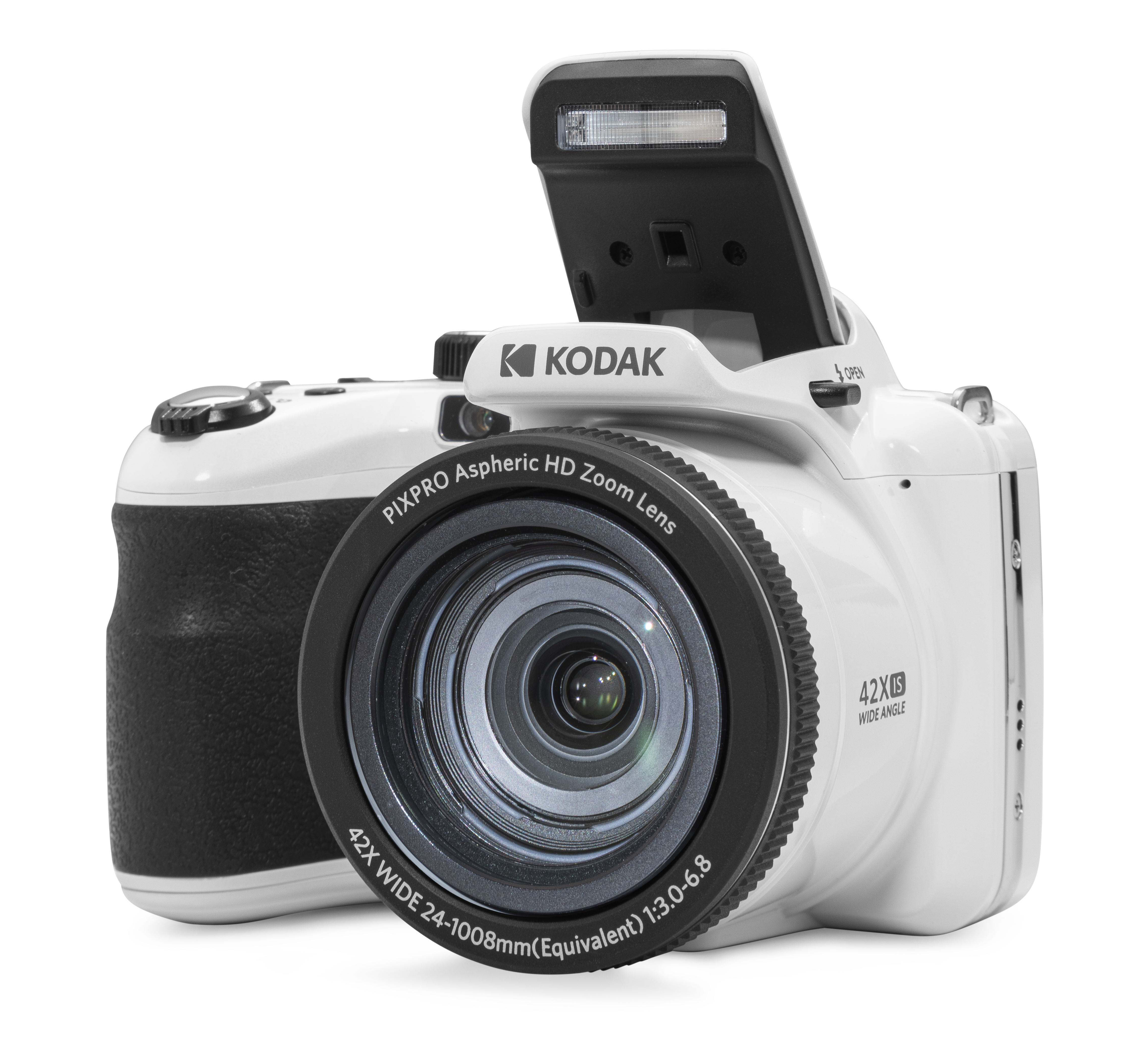 Açılır flaşlı beyaz bir Kodak fotoğraf makinesi. Siyah bir merceği ve siyah bir tutacağı var. Mercekte 42X geniş zoom yazıyor.