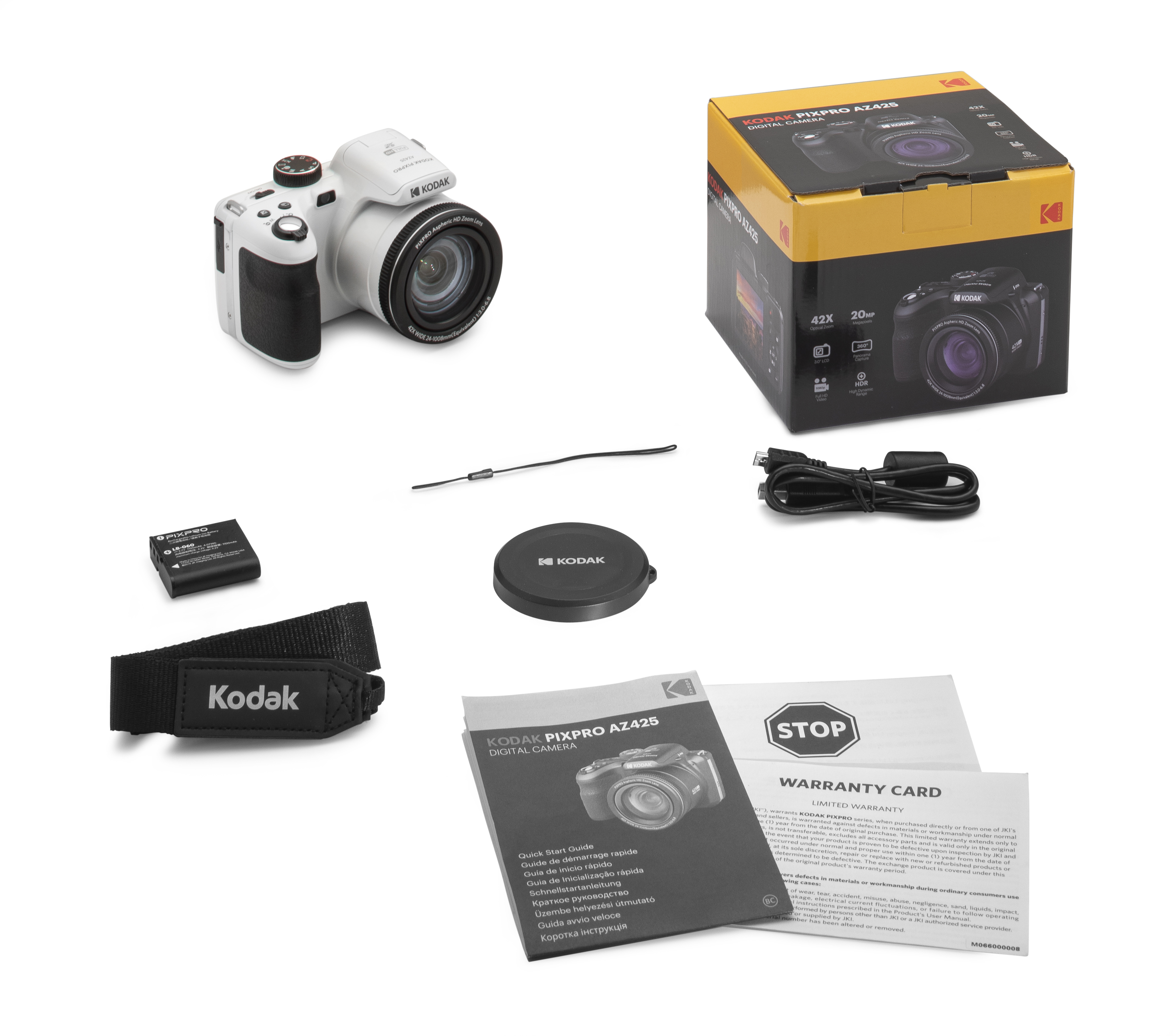 Beyaz bir yüzeyde bir Kodak Pixpro AZ425 kamera, kutu, aksesuarlar ve kılavuzlar sergileniyor.