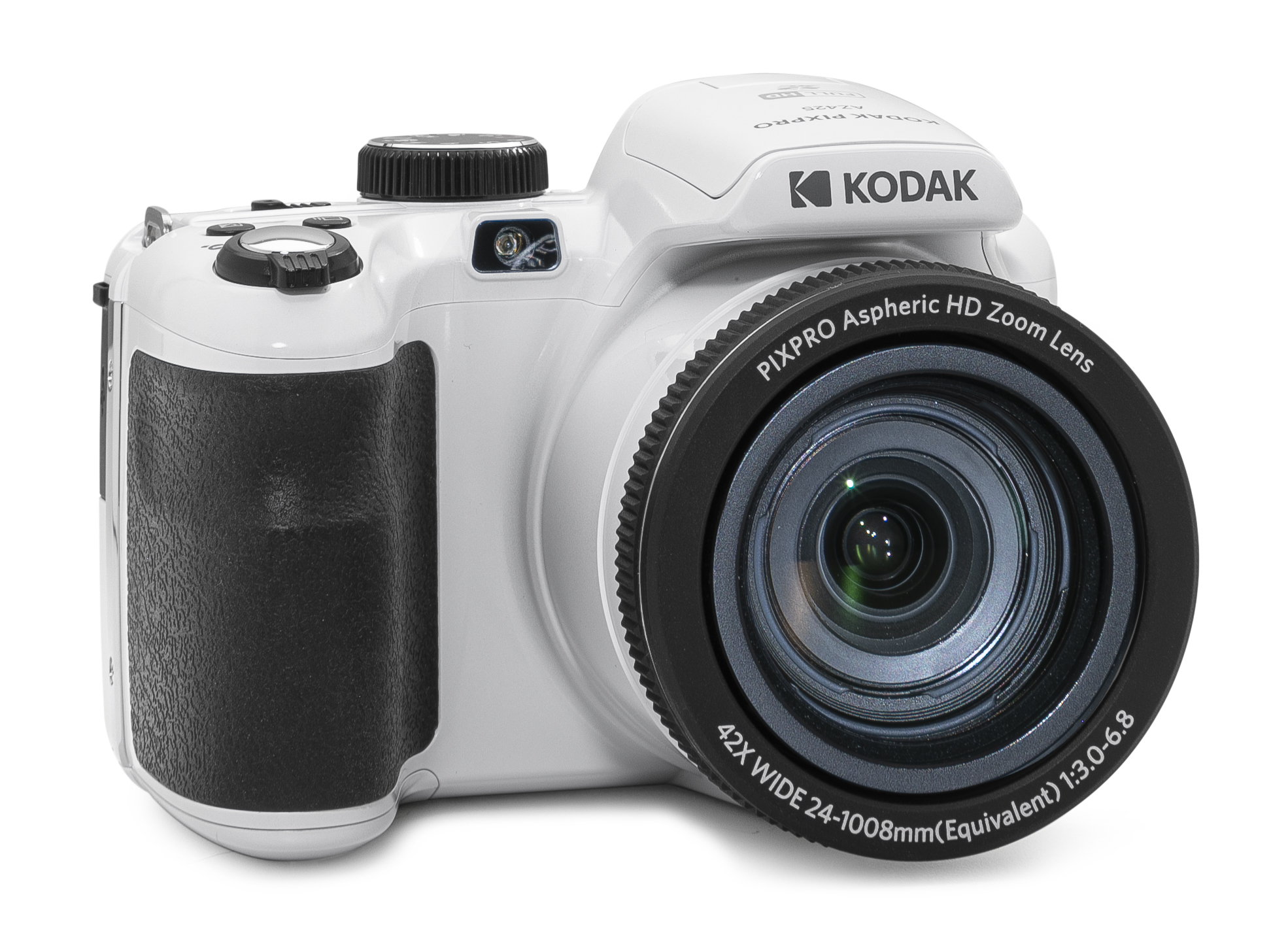 Siyah lens, tutma yeri ve kontrollere sahip beyaz bir Kodak Pixpro kamera gösteriliyor. Lens üzerinde '42X WIDE' yazıyor. Kodak logosu görünür durumda.