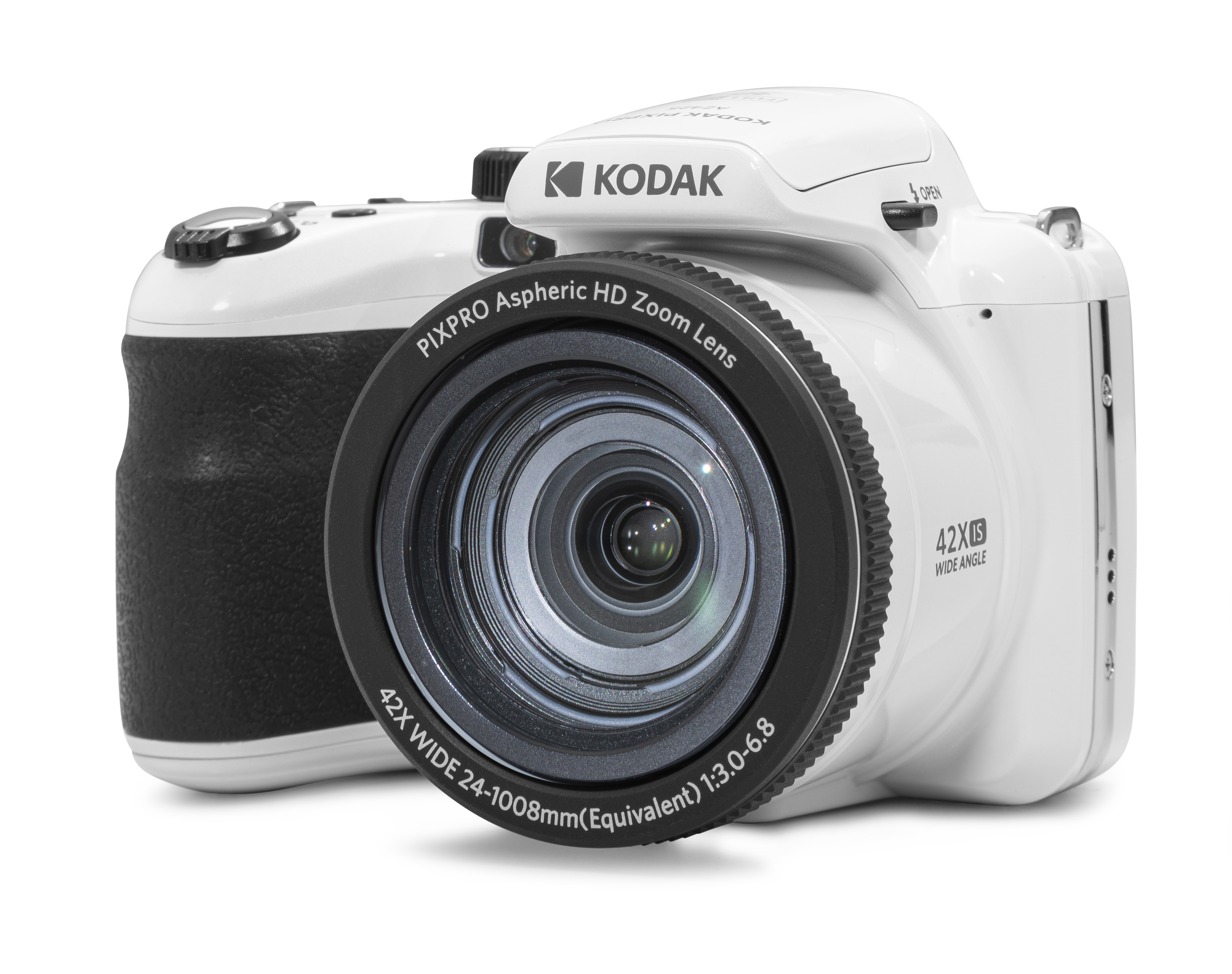 Siyah lensli, siyah tutacaklı ve Kodak logolu beyaz bir Kodak Pixpro kamera. Beyaz bir arka plan üzerinde.