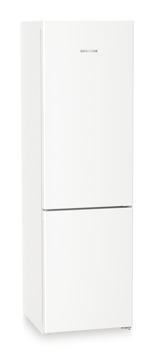 Ein weißer Liebherr-Kühlschrank vor weißem Hintergrund. Er hat eine obere und untere Tür. Liebherr steht auf der oberen Tür.