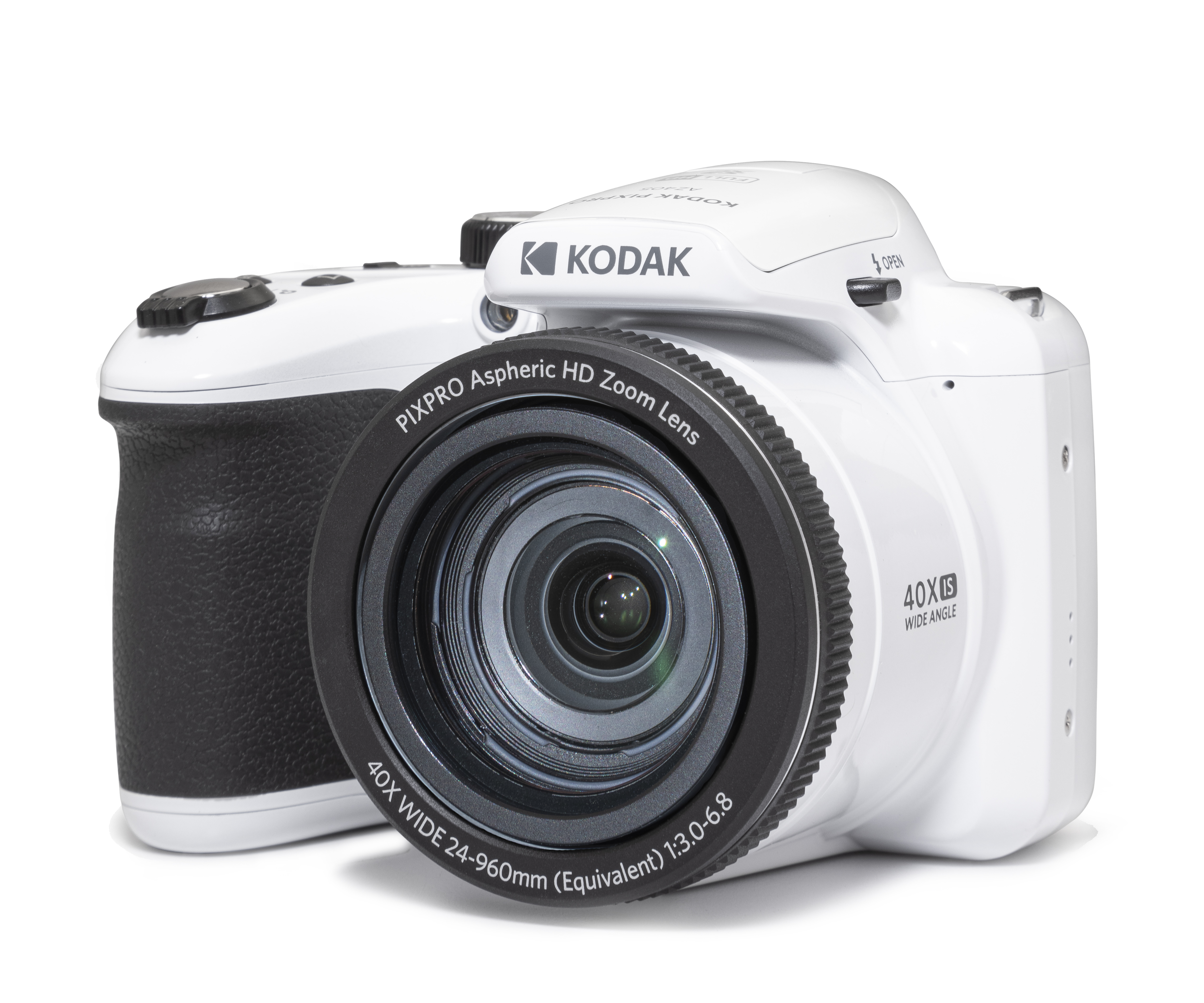 Beyaz bir yüzeyde beyaz bir Kodak Pixpro kamera. Siyah lens ve tutamak.