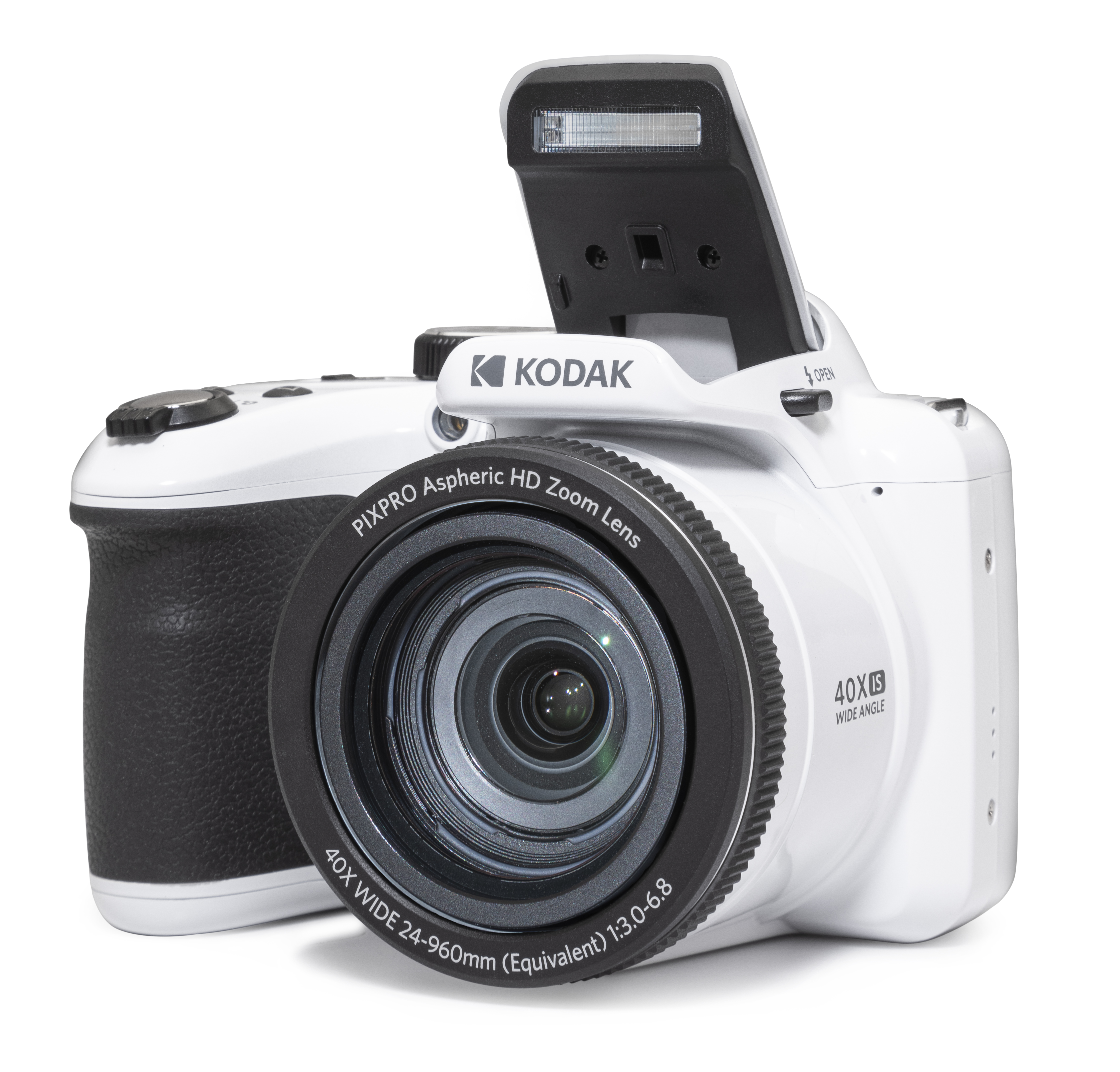 Açılır flaşlı beyaz bir Kodak fotoğraf makinesi. Siyah bir lense ve siyah bir tutamağa sahip. Lens üzerinde '40X Wide Angle' yazıyor.