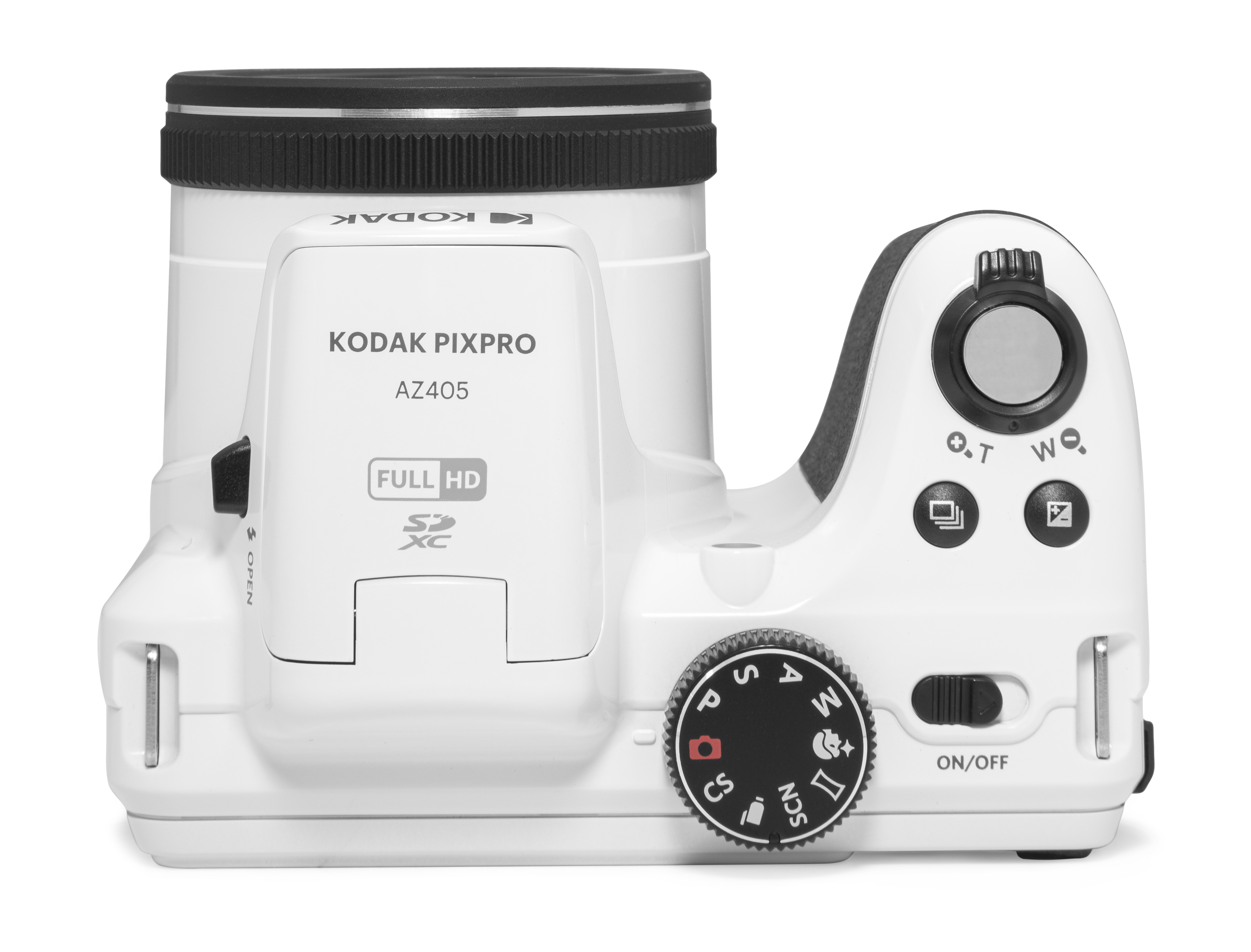 Beyaz bir Kodak Pixpro AZ405 fotoğraf makinesi. Siyah bir merceğe ve açma/kapama düğmesi dahil çeşitli düğmelere ve kadranlara sahip.