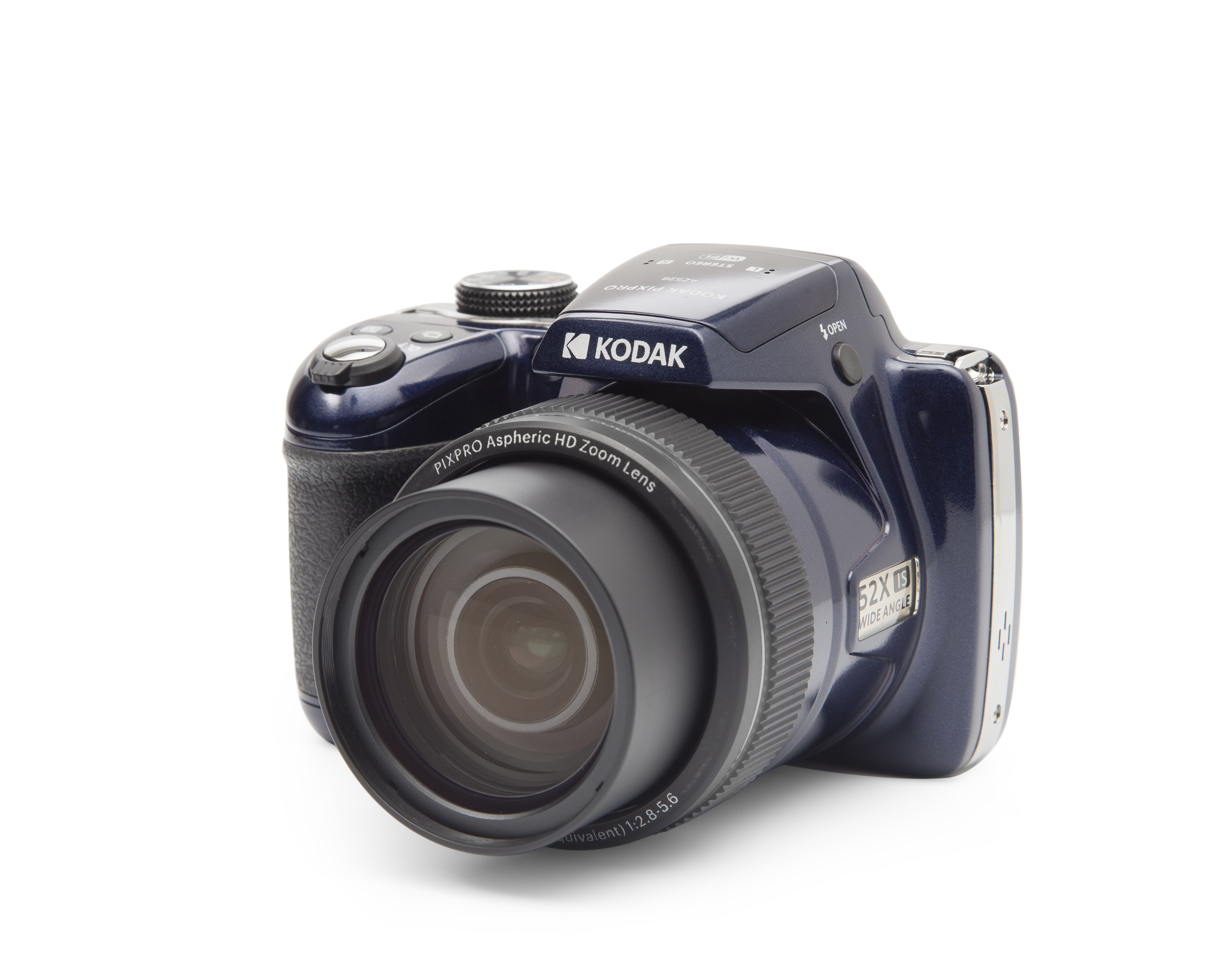 Beyaz zemin üzerinde mavi bir Kodak Pixpro kamera. Büyük bir lense sahip ve 52X Geniş Açı olarak etiketlenmiş.