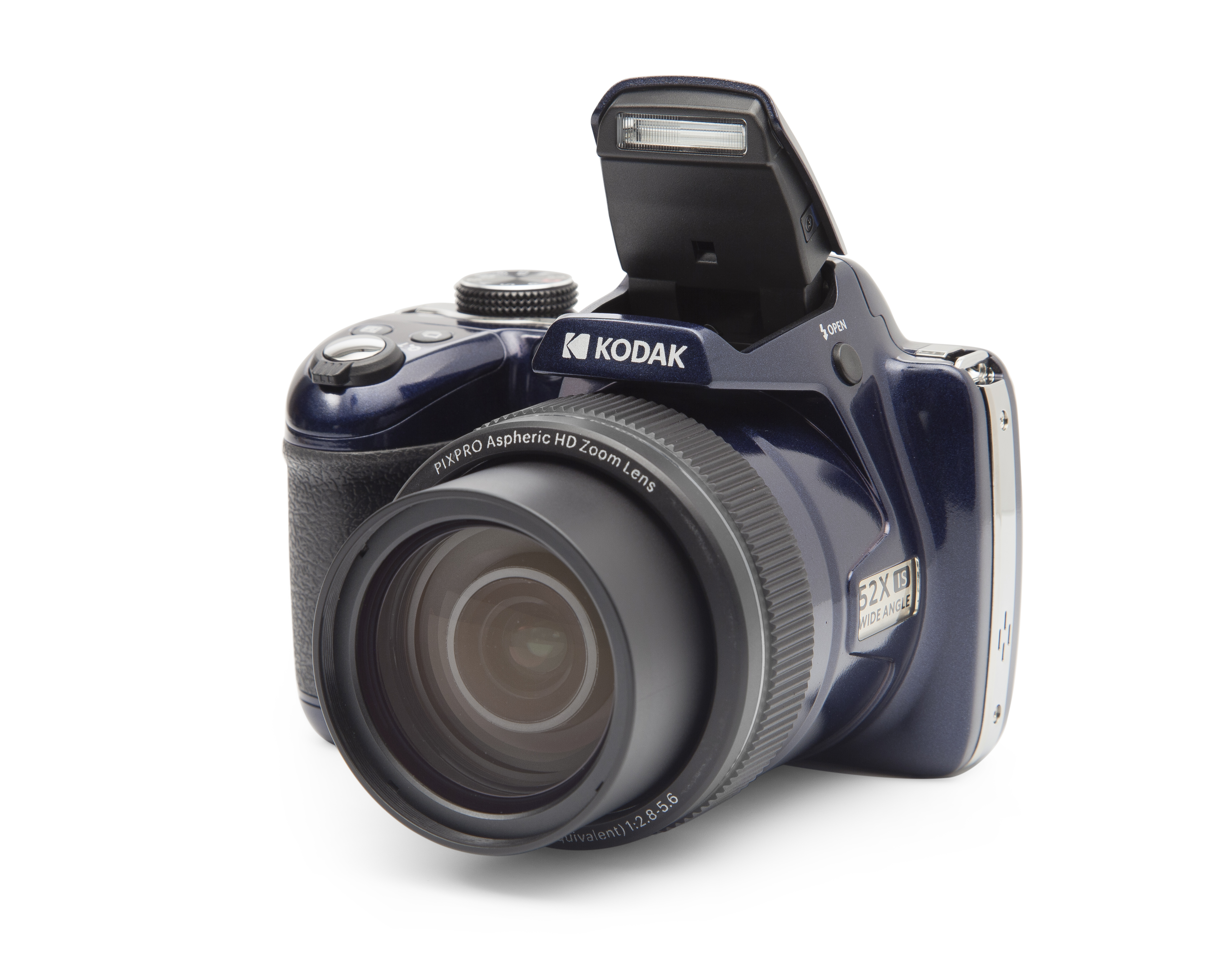 Beyaz bir yüzeyde mavi bir Kodak Pixpro kamera. Bir lensi, flaşı var ve 52X Geniş Açı olarak etiketlenmiş.