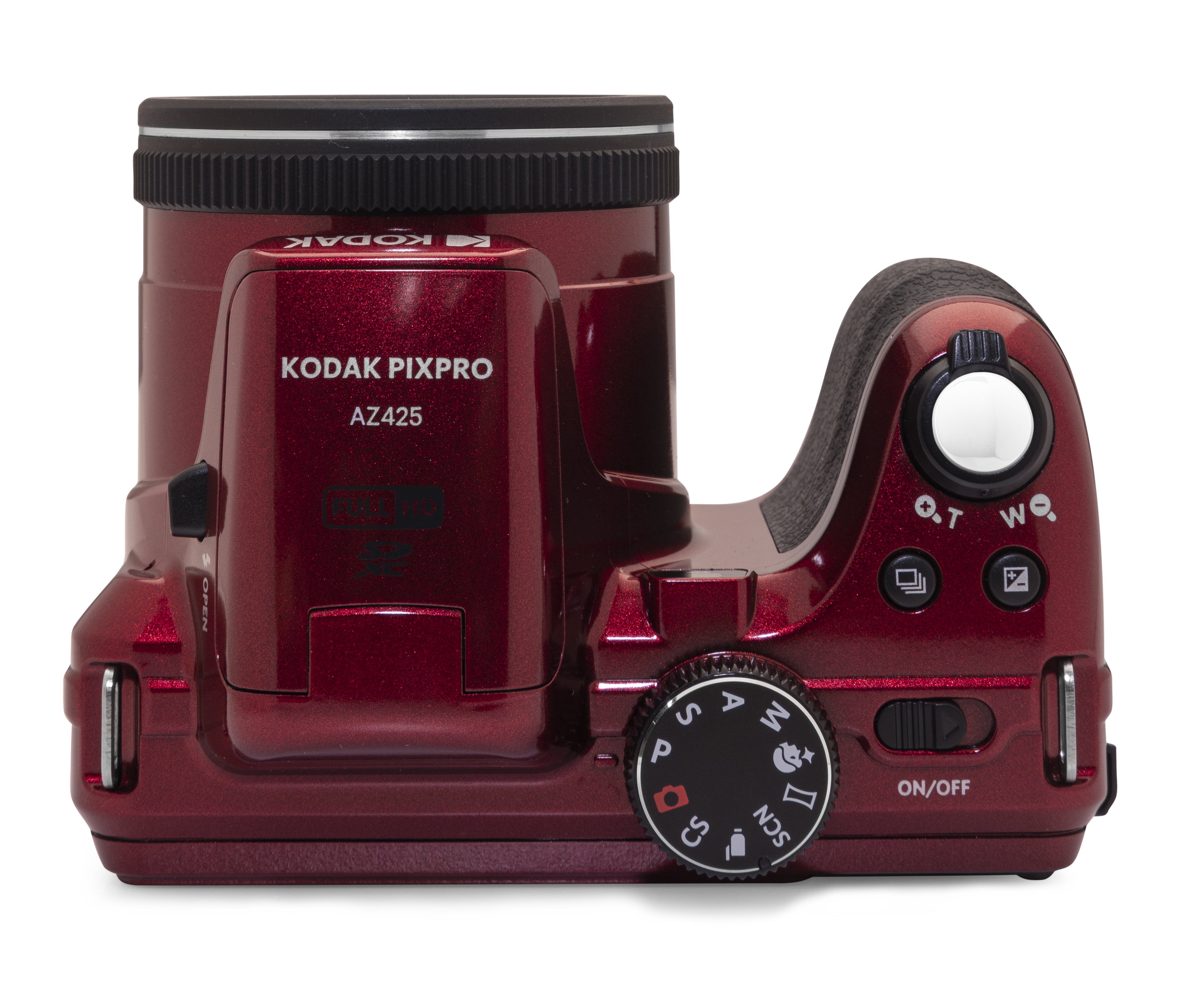 Beyaz zemin üzerinde kırmızı bir Kodak Pixpro AZ425 fotoğraf makinesi. Çeşitli düğmeleri ve bir mod kadranı vardır.