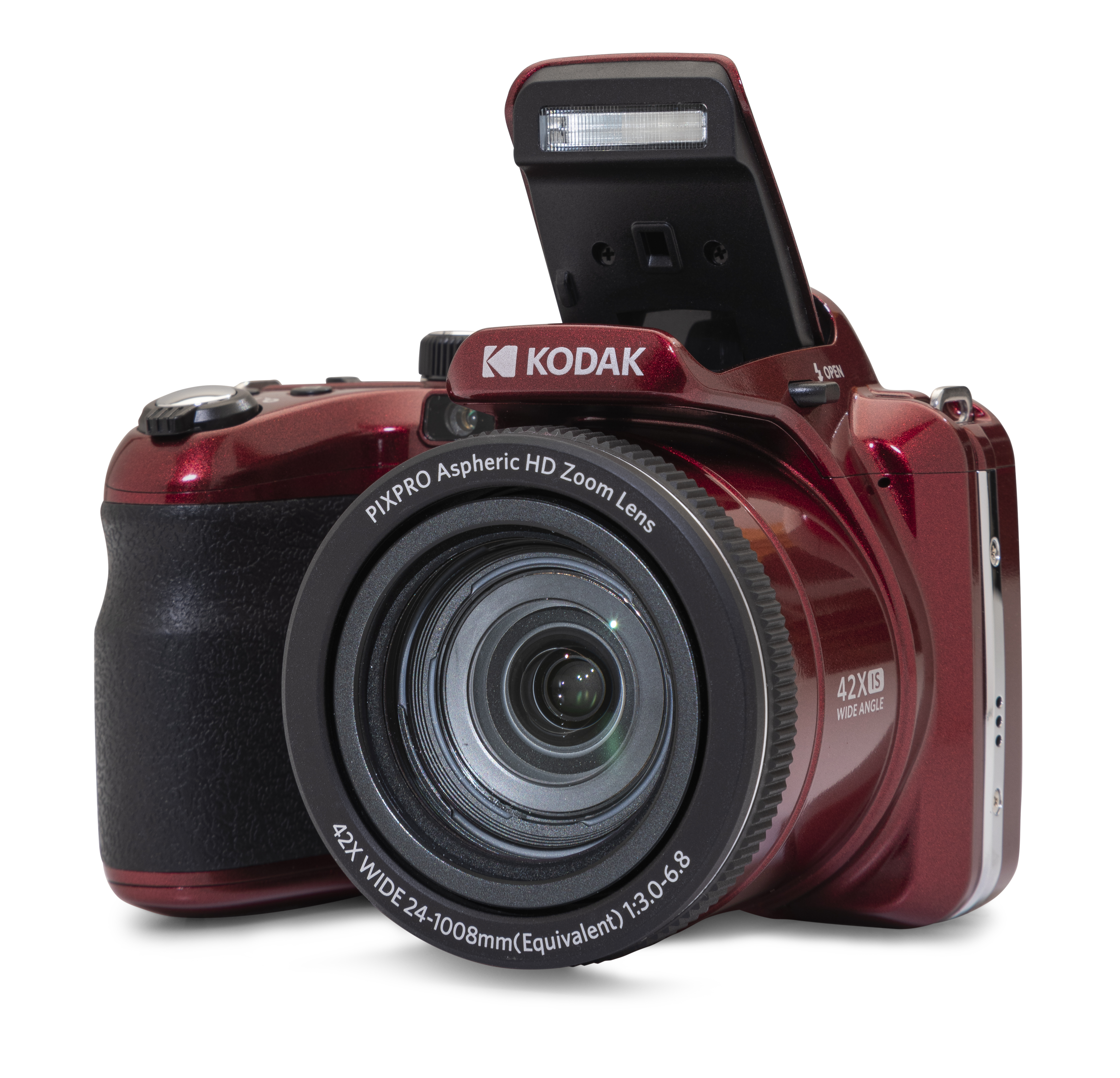 Kırmızı bir Kodak dijital fotoğraf makinesi, açılır flaşlı. Lens siyah, gövde kırmızı.