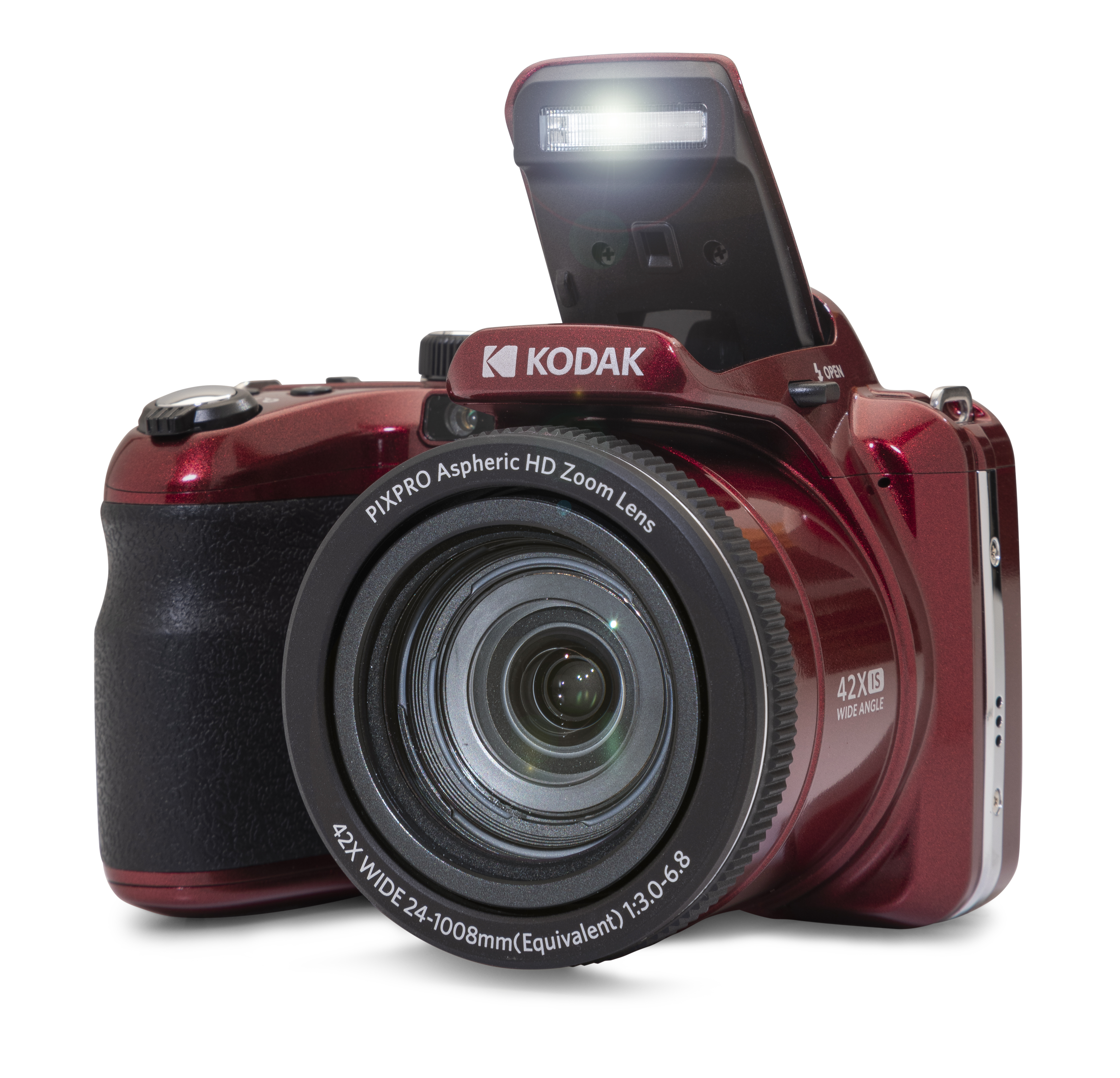 Beyaz zemin üzerinde kırmızı bir Kodak kamera ve flaş. Lens ortalanmış. Flaş açık ve yanıyor.