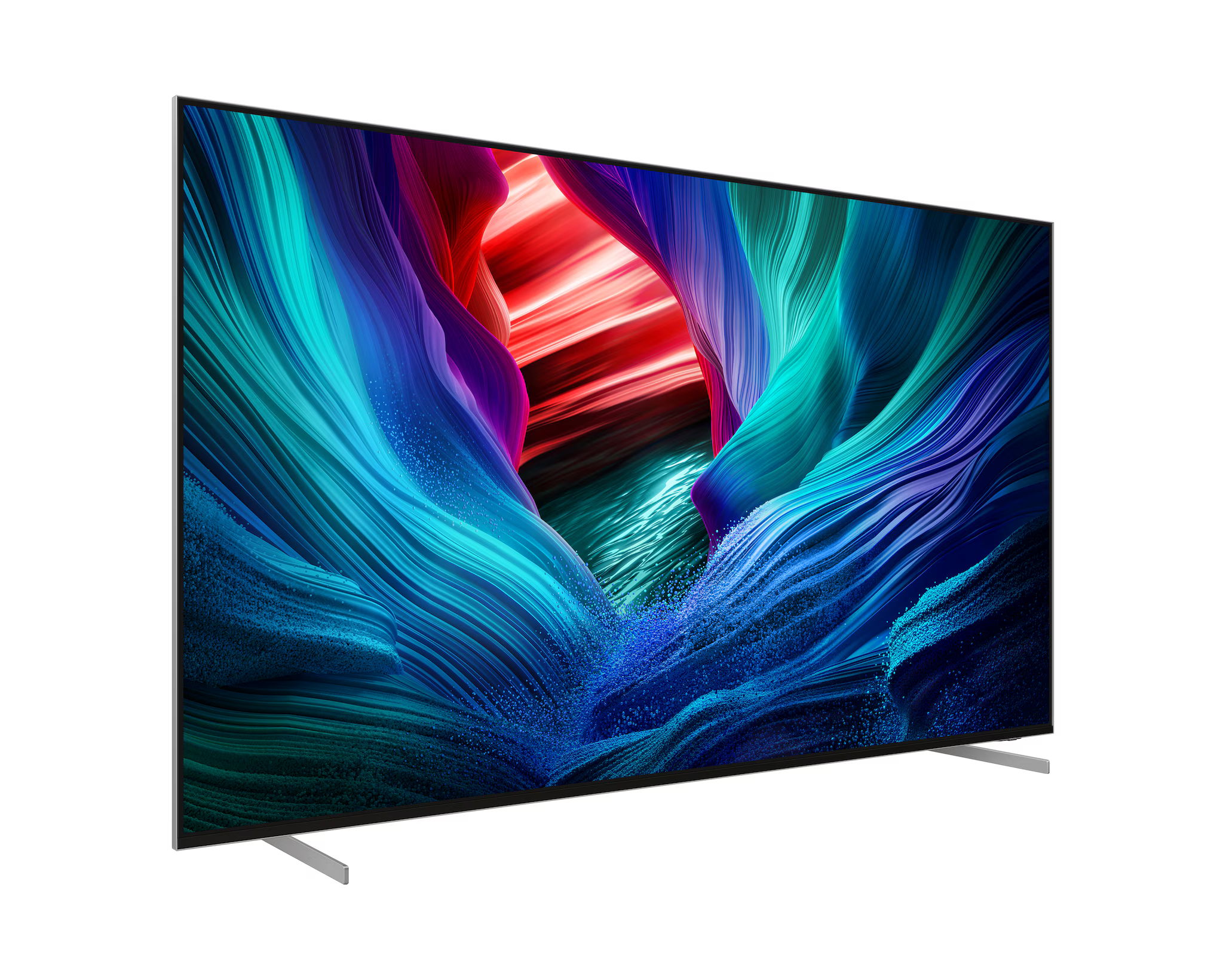 Egy nagyméretű, elegáns TV színes absztrakt képet jelenít meg kék, zöld és piros árnyalatokkal. A TV ezüst állvánnyal rendelkezik.