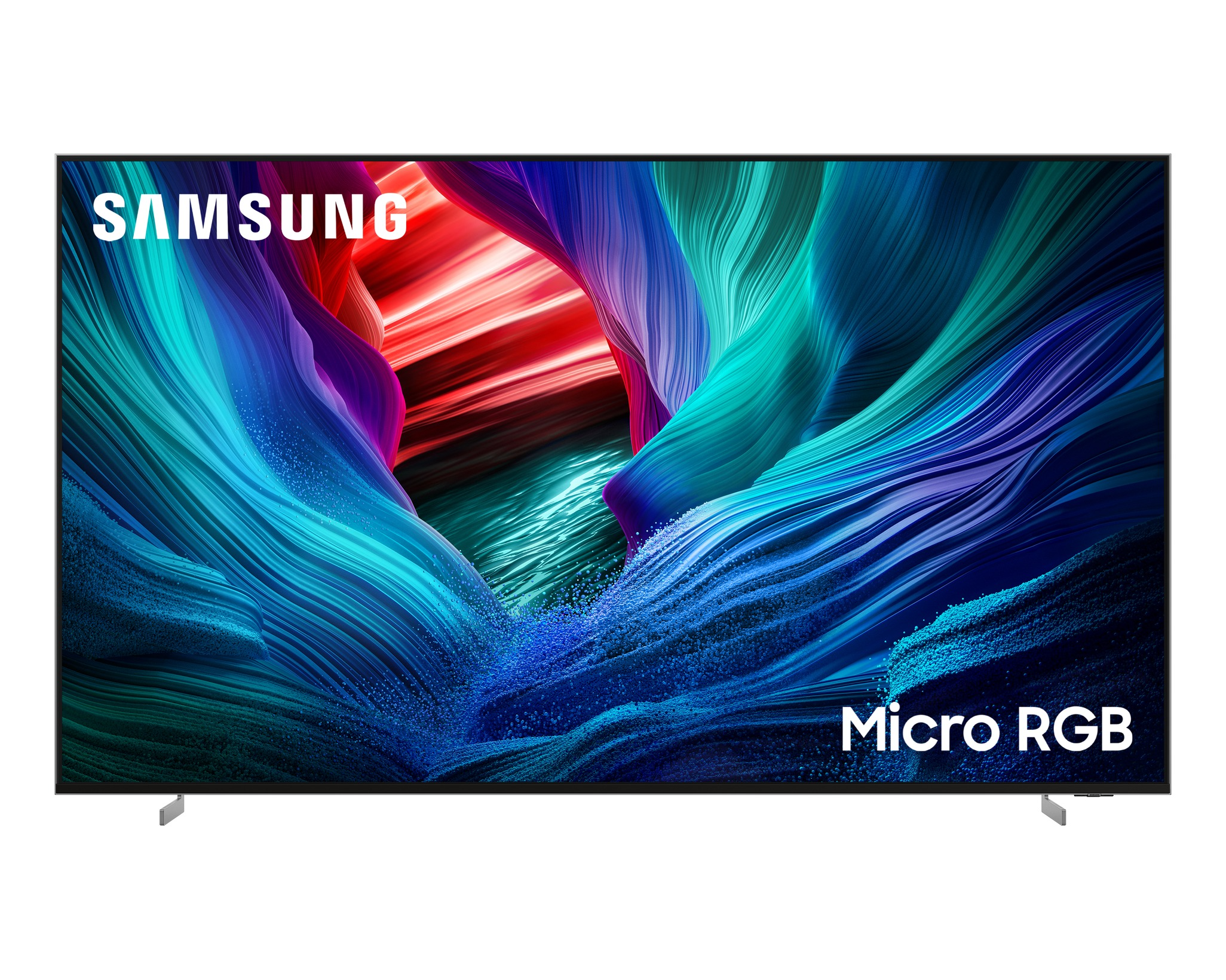 Samsung Micro RGB TV színes, absztrakt hullámmintát jelenít meg. A TV fekete kerettel és ezüst állvánnyal rendelkezik.