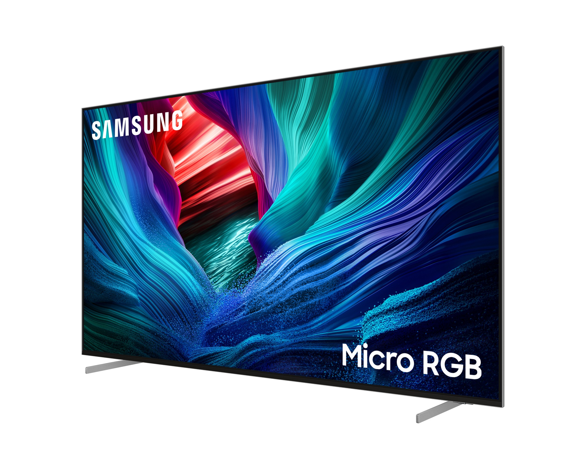 Egy Samsung Micro RGB TV színes, absztrakt mintát jelenít meg. A TV-nek két ezüst lába van. A márkanév látható.