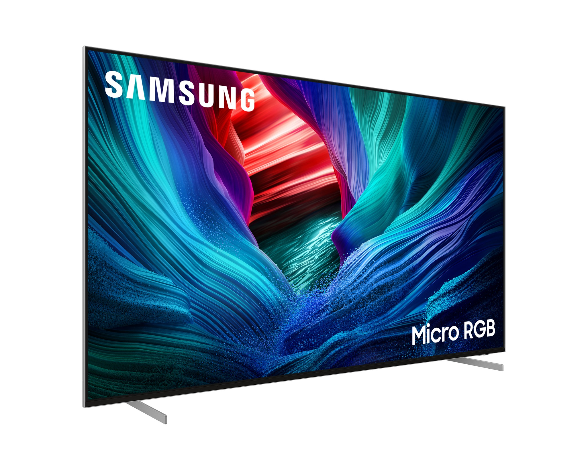 Samsung Micro RGB TV, ferde nézet. A kijelző színes absztrakt művészetet mutat. Fehér háttér.