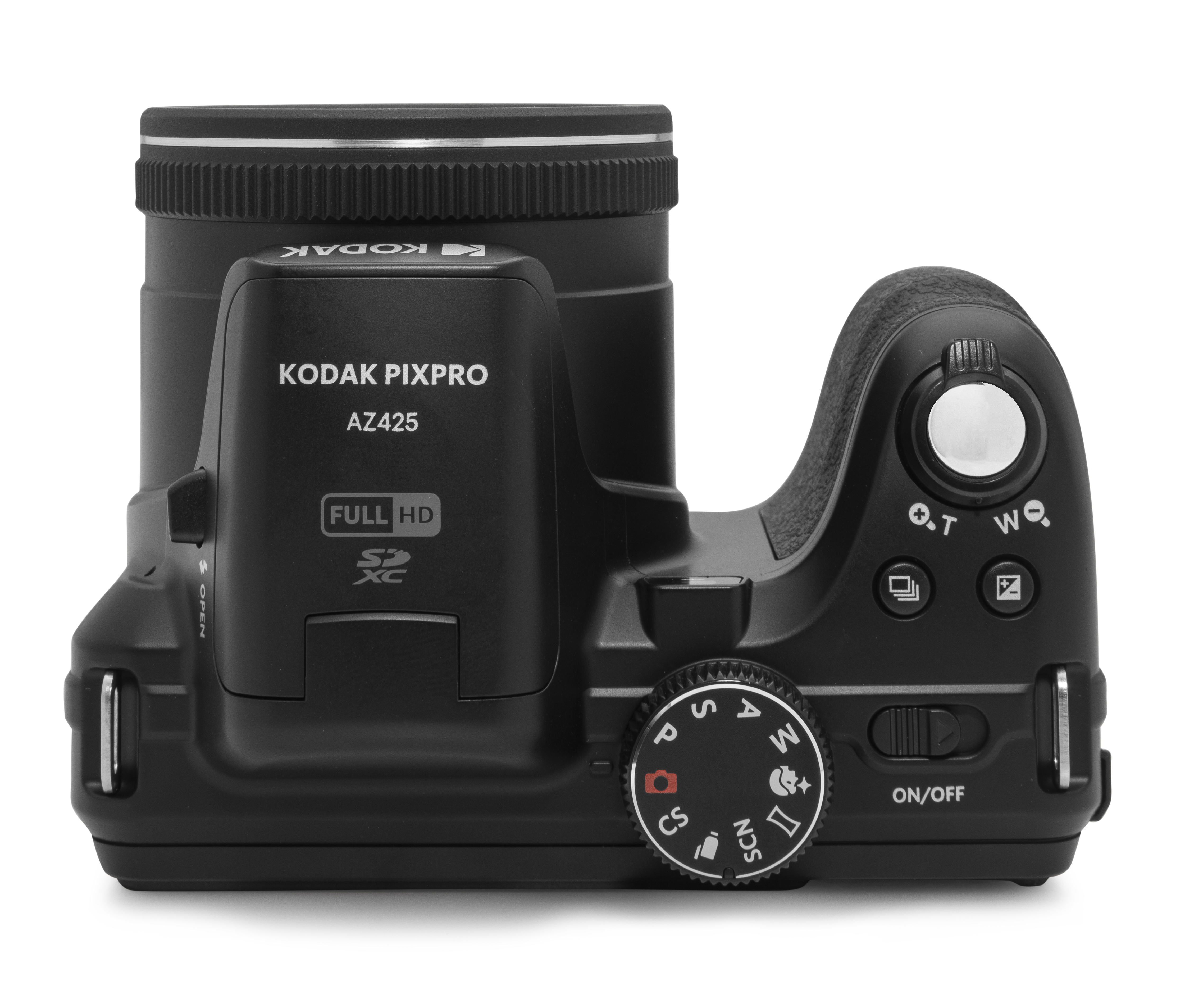 Siyah Kodak Pixpro kamera, yukarıdan görünüm. Düğmeleri, bir lensi ve bir mod kadranı var. Beyaz zemin.