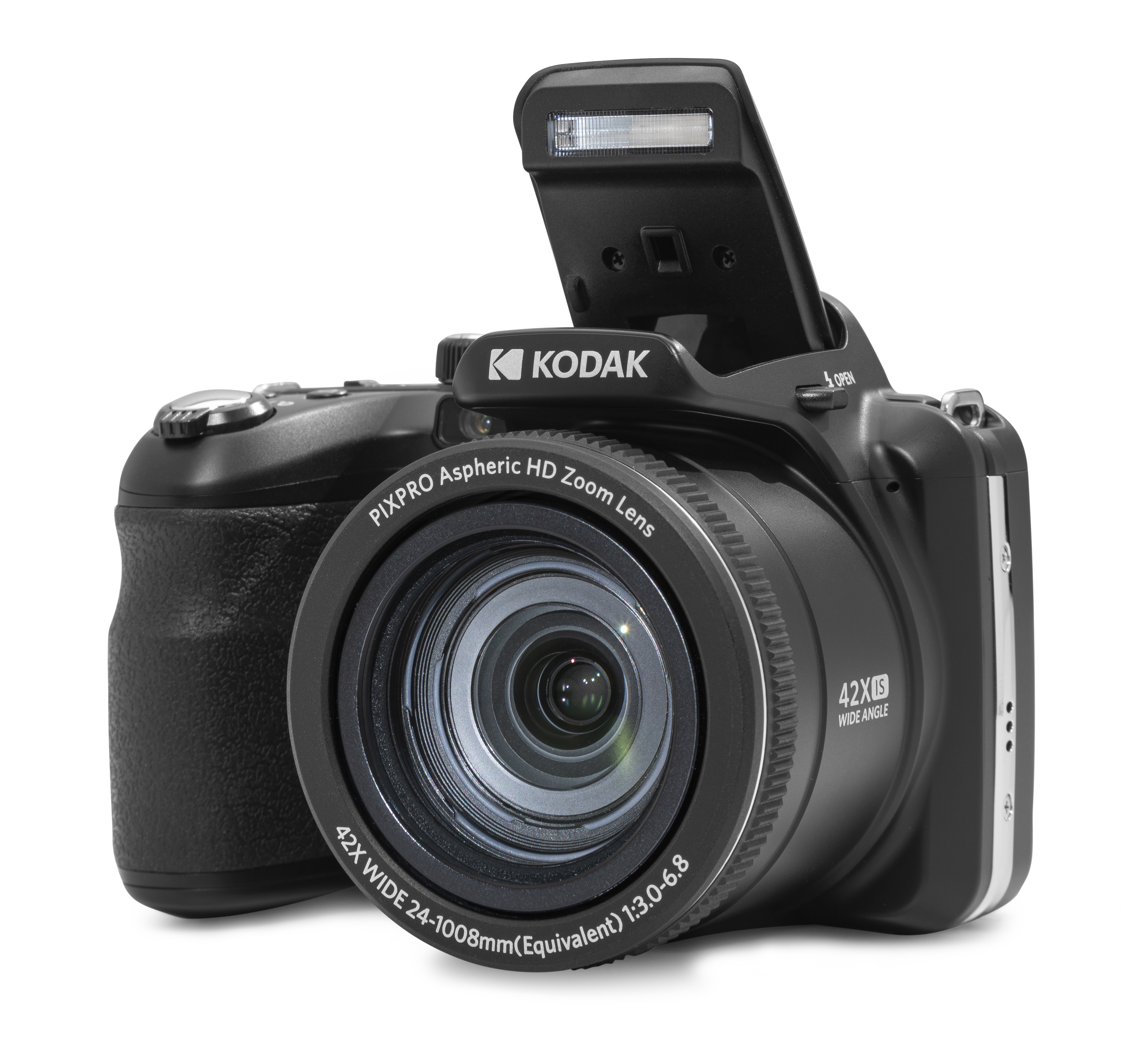 Beyaz zemin üzerinde siyah bir Kodak fotoğraf makinesi. Lens, flaş ve çeşitli düğmeleri var.