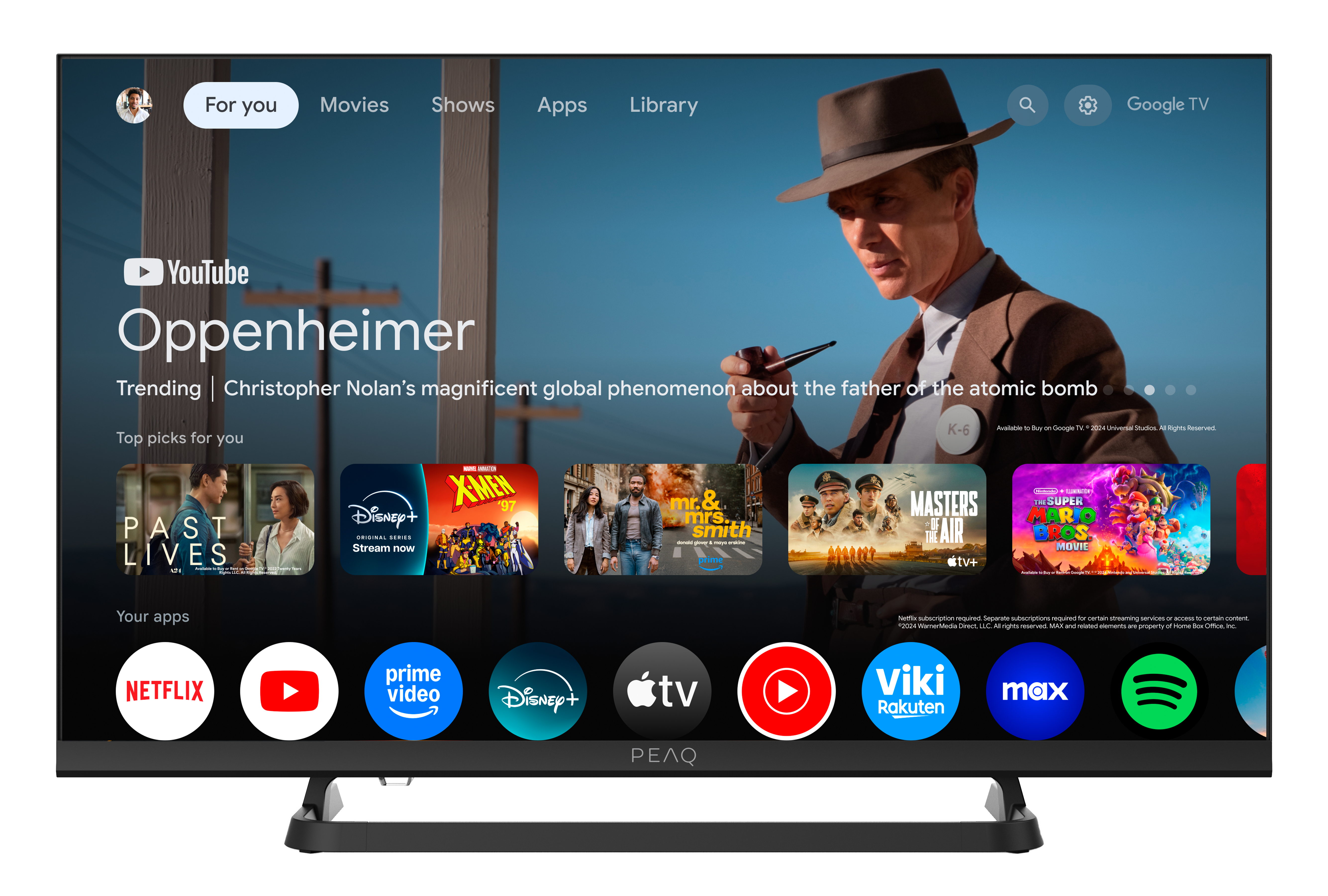 Der Fernsehbildschirm zeigt 'Oppenheimer', eine Filmwerbung. Apps wie Netflix, YouTube und Disney+ sind sichtbar.