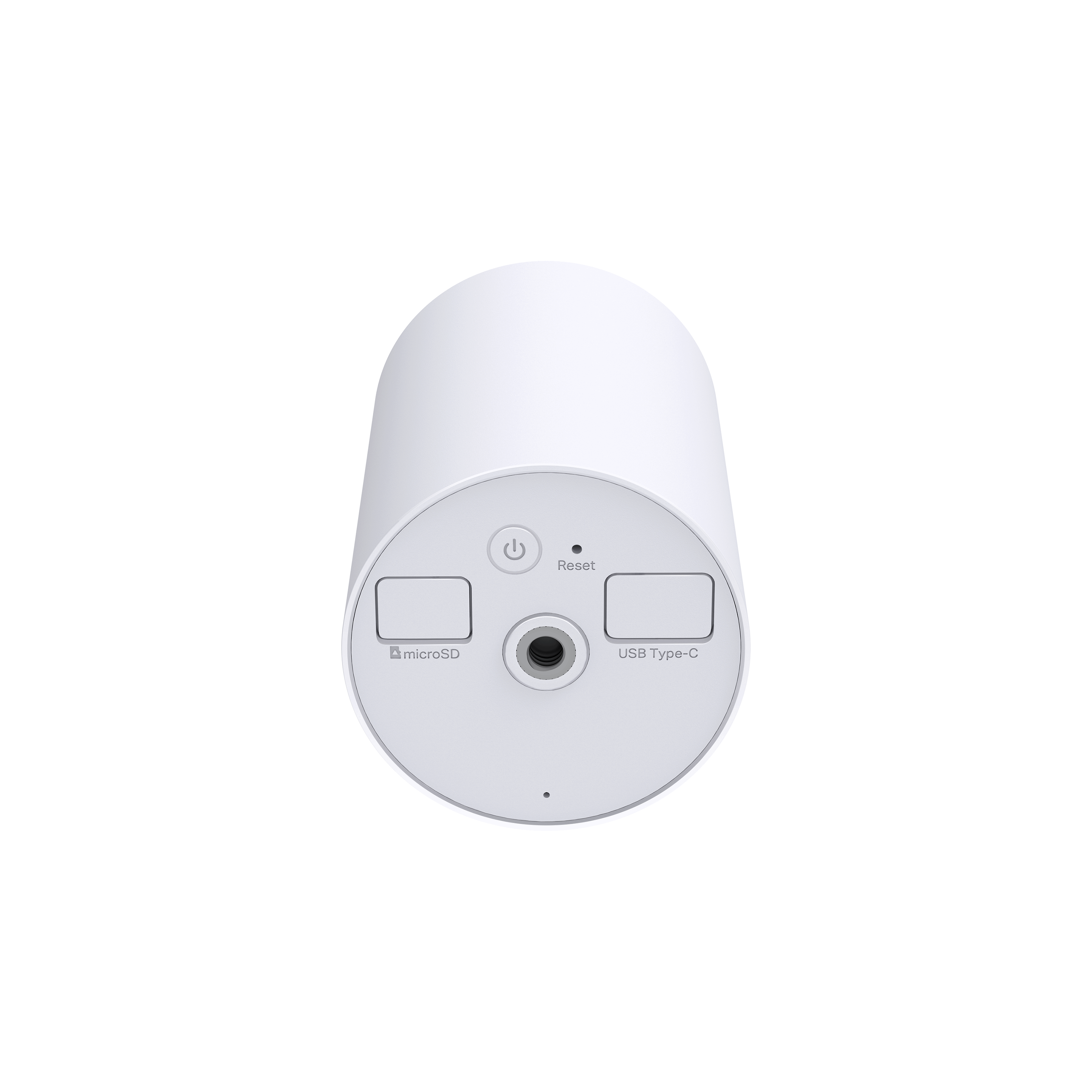 Draufsicht auf ein weißes zylindrisches Gerät. Es hat einen Power-Button, Reset-Button und Anschlüsse für microSD und USB Type-C.