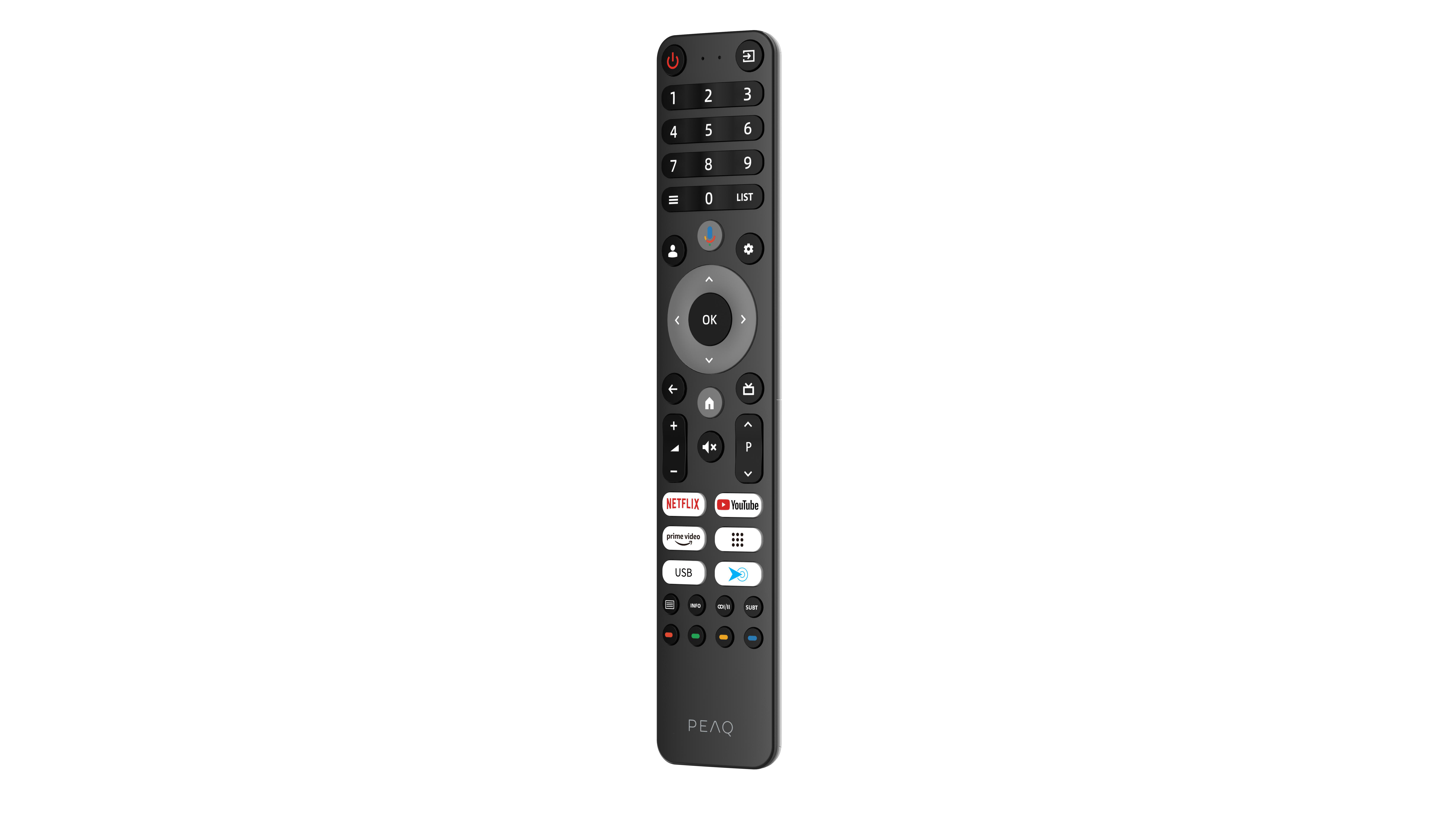 Eine schwarze PEAQ-Fernbedienung mit Tasten für Zahlen, Navigation, Apps wie Netflix und Ein/Aus.