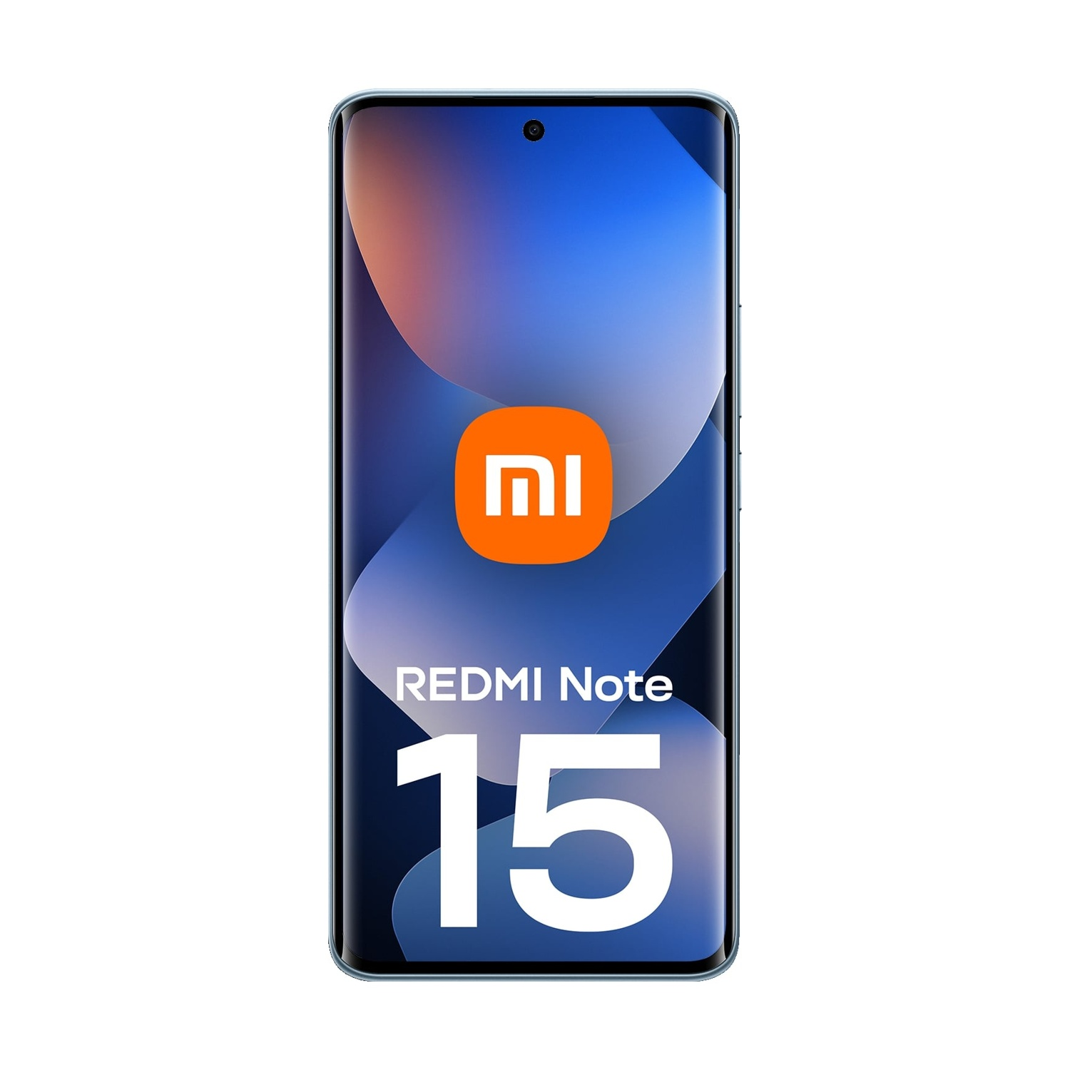 Uno smartphone con cornice blu. Lo schermo mostra il logo Xiaomi, Redmi Note e il numero 15 su sfondo blu.