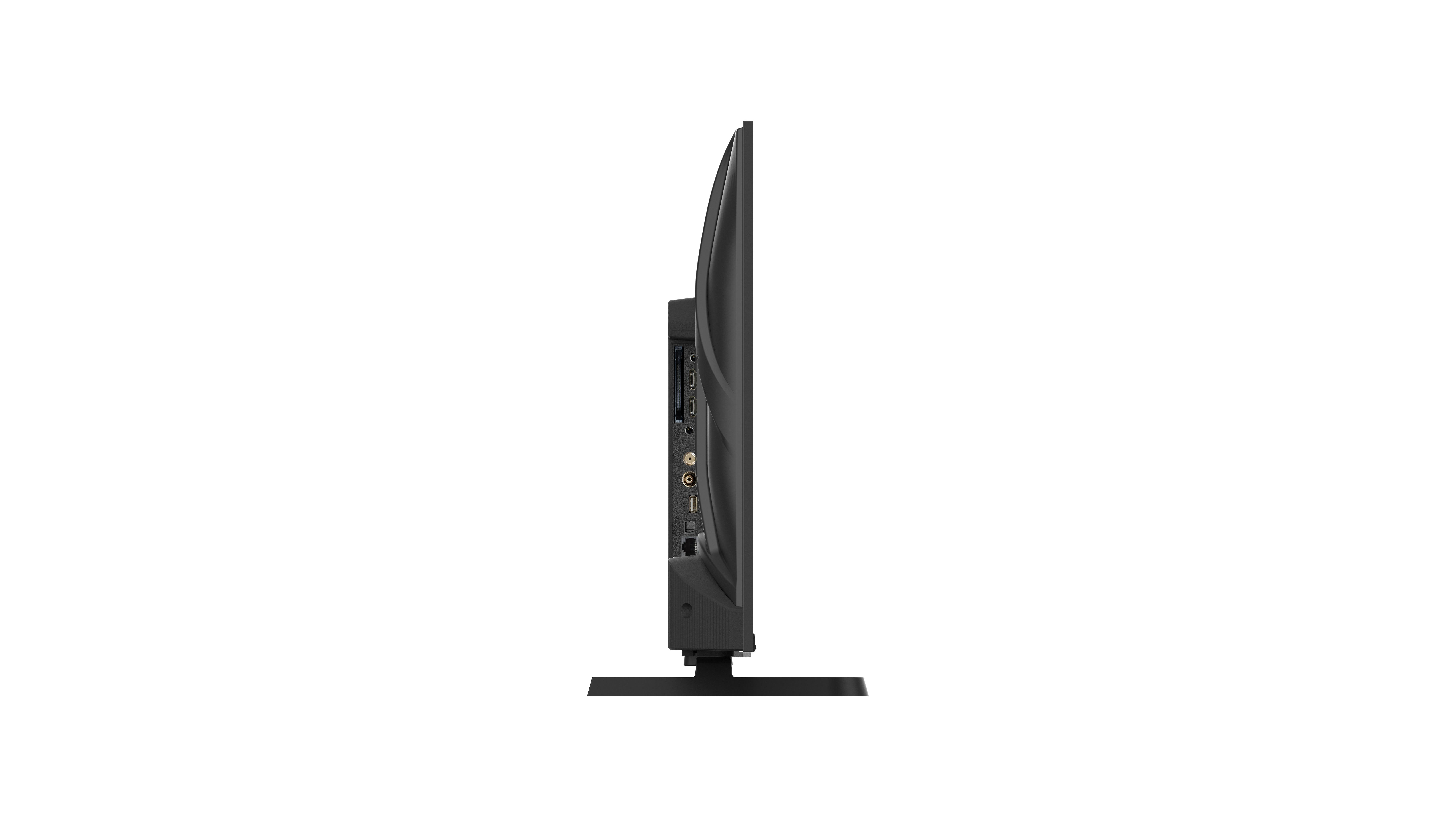 Seitenansicht eines schwarzen Fernsehers auf weißem Hintergrund. Zeigt Anschlüsse und Ständer.