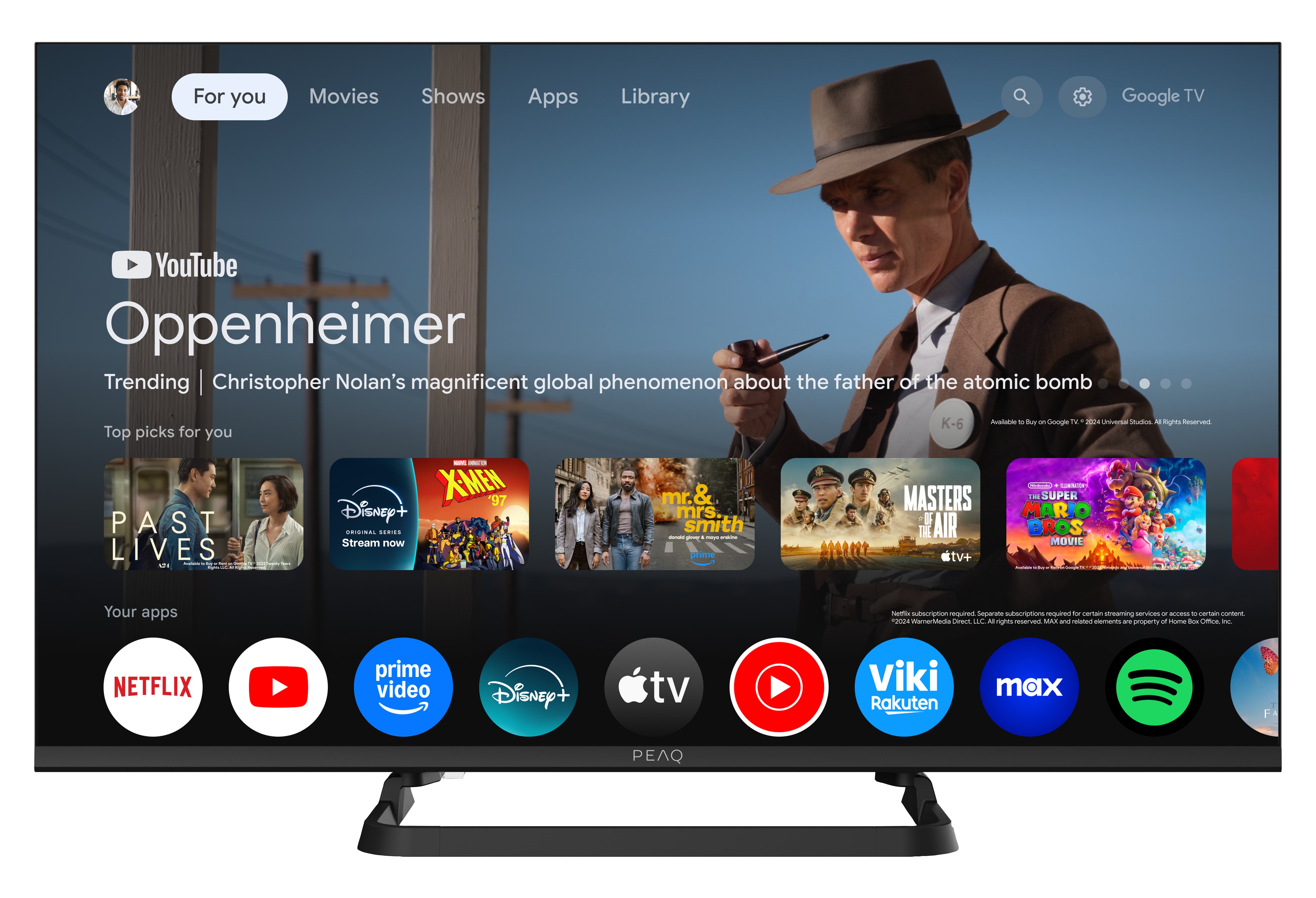 Ein Fernsehbildschirm zeigt den Film Oppenheimer. Verschiedene Apps wie Netflix, YouTube und Disney+ sind sichtbar.