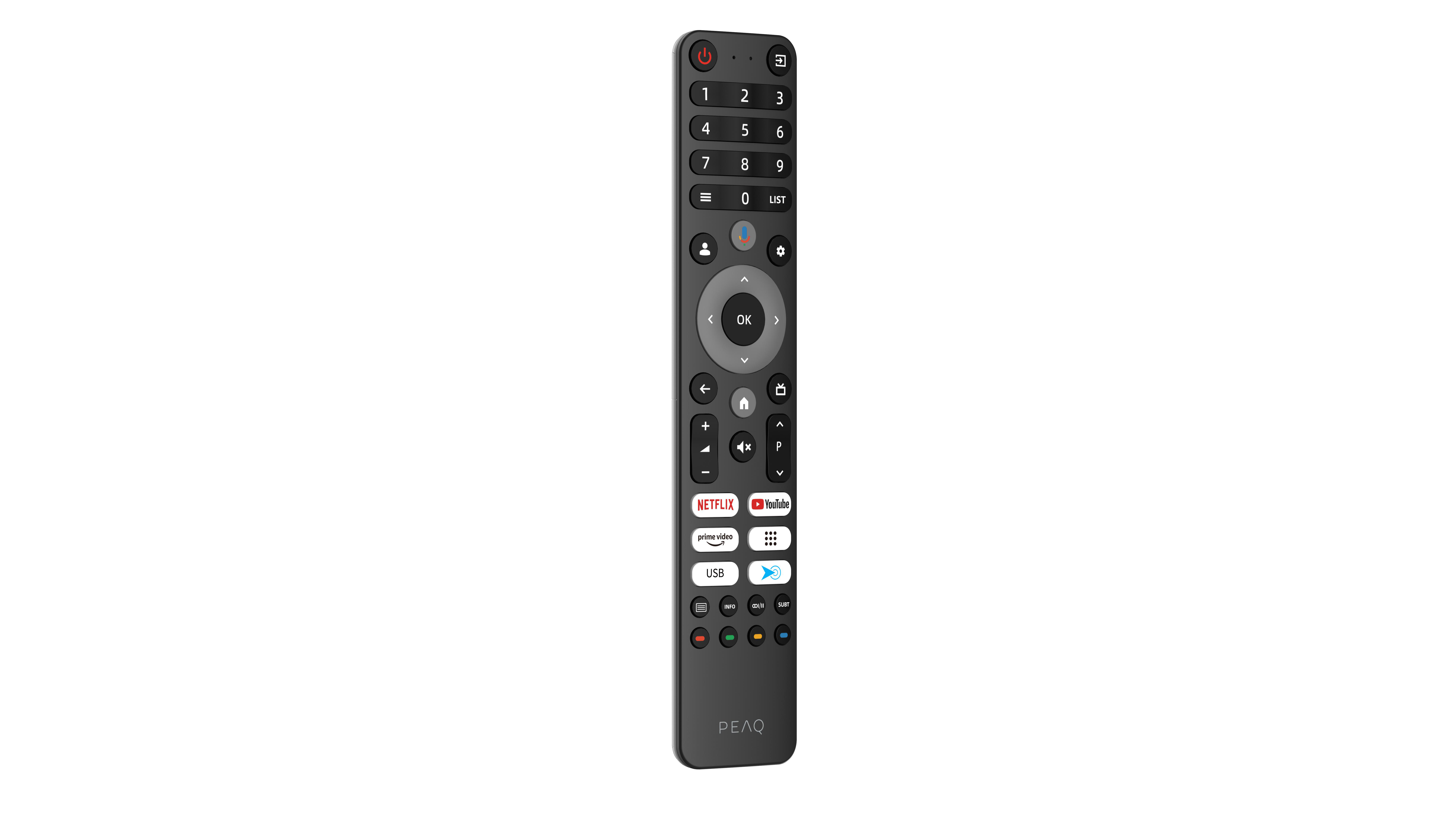 Eine schwarze PEAQ TV-Fernbedienung mit vielen Tasten, darunter Zahlen, Navigation und Streaming-Dienste.