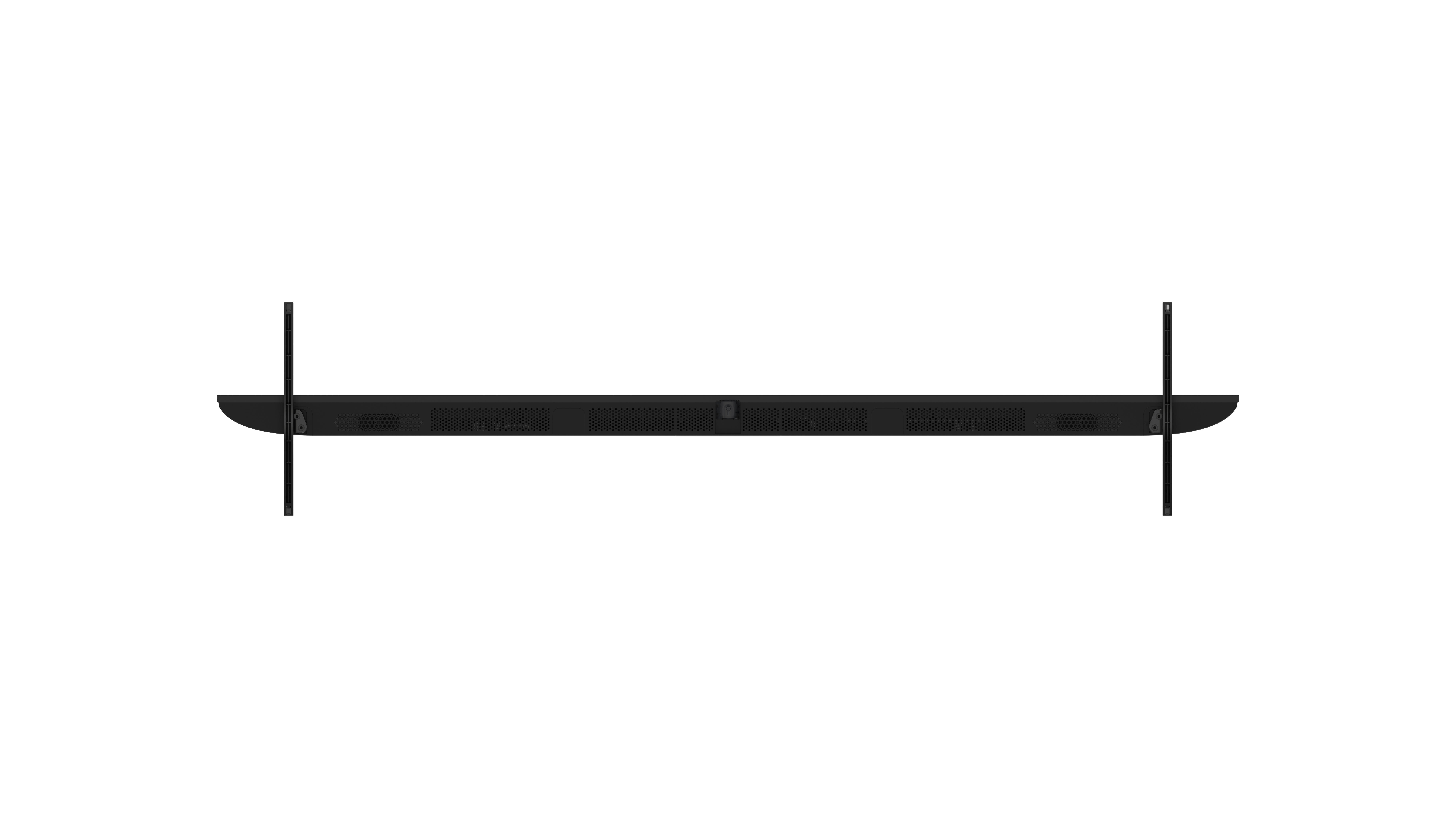 Draufsicht auf eine schwarze Soundbar mit zwei vertikalen Stützen vor weißem Hintergrund.