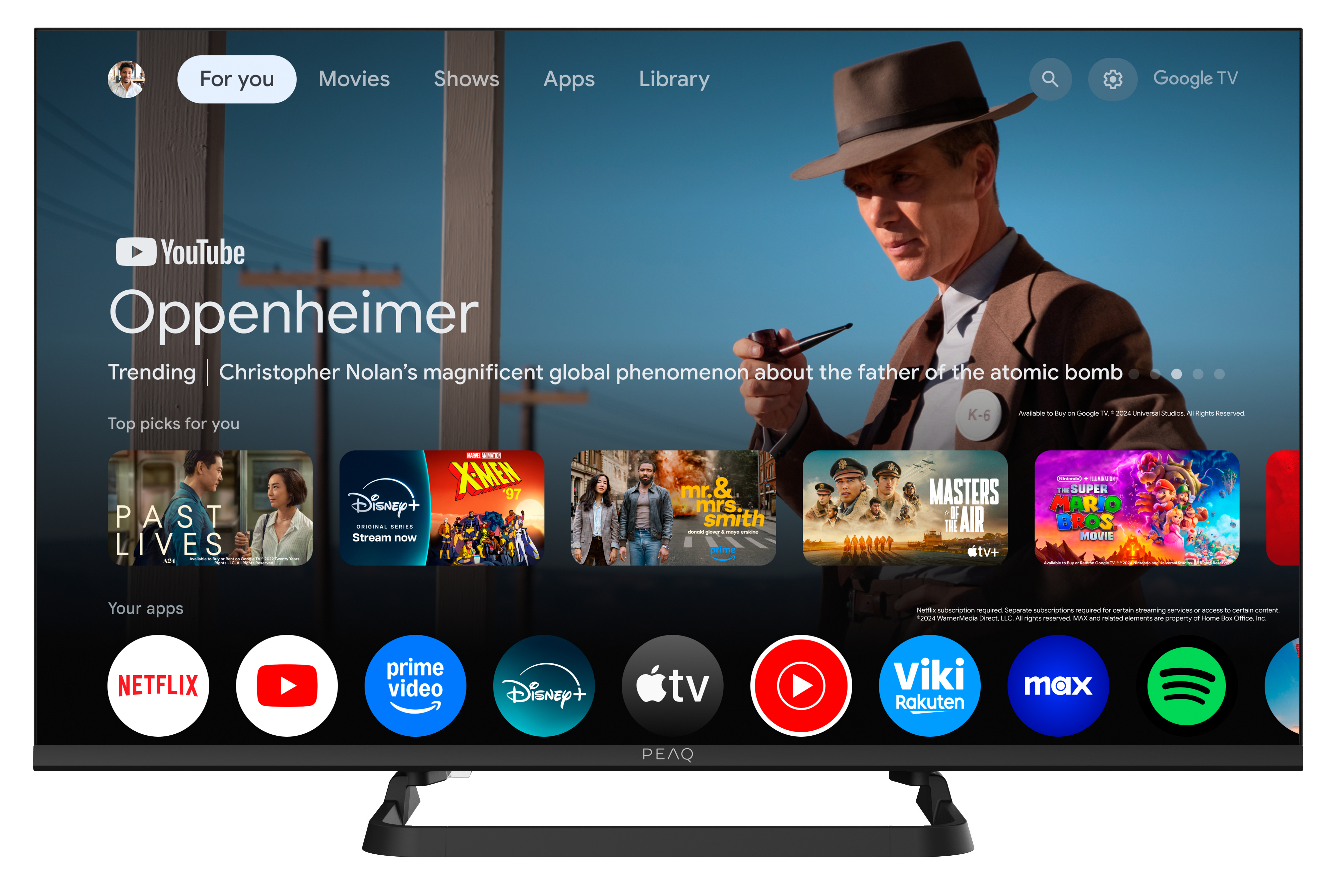TV-Bildschirm mit YouTube, dem Film Oppenheimer und App-Symbolen wie Netflix, Disney+ und Prime Video.