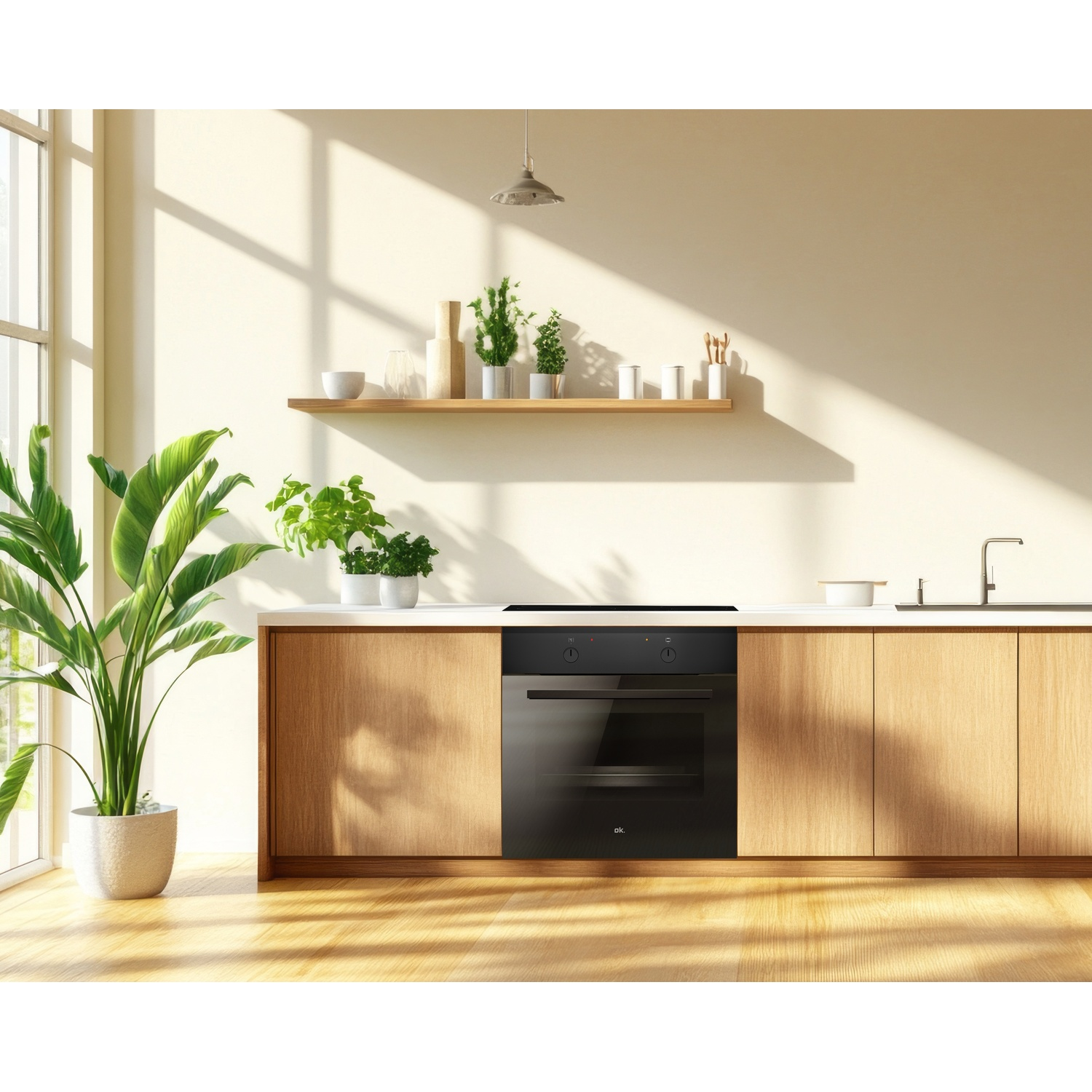 A modern kitchen with wooden cabinets, a black oven, and plants. Sunlight streams in from a large window, illuminating the space.