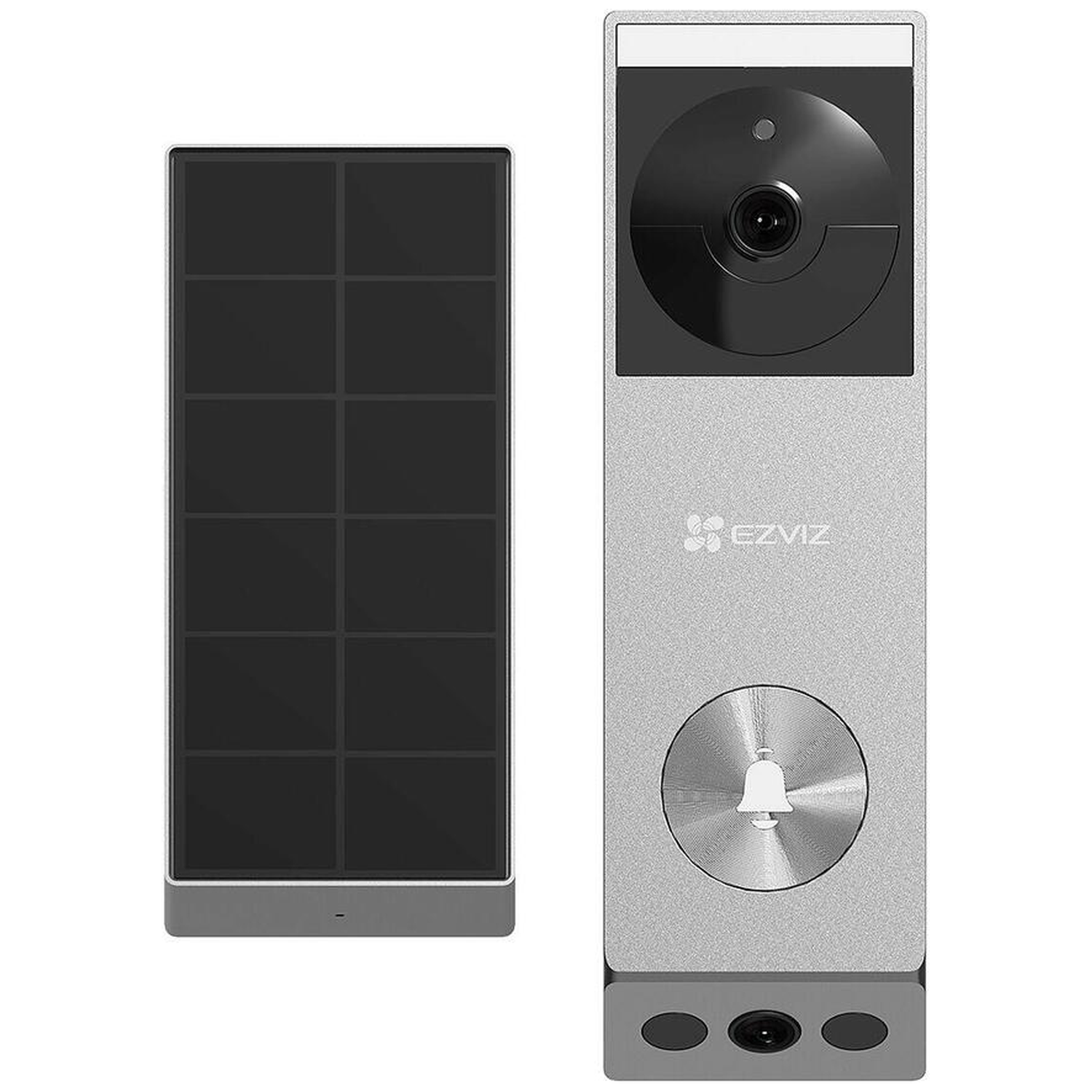A silver doorbell and a rectangular panel. The doorbell has a camera, bell button, and the EZVIZ logo. The panel has dark squares.