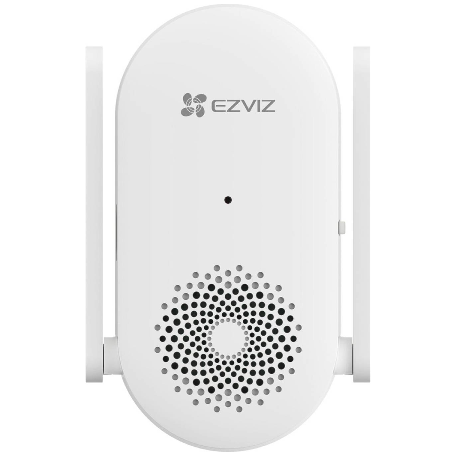 White EZVIZ network device with two antennas. It has a speaker, a small black dot, and a logo.