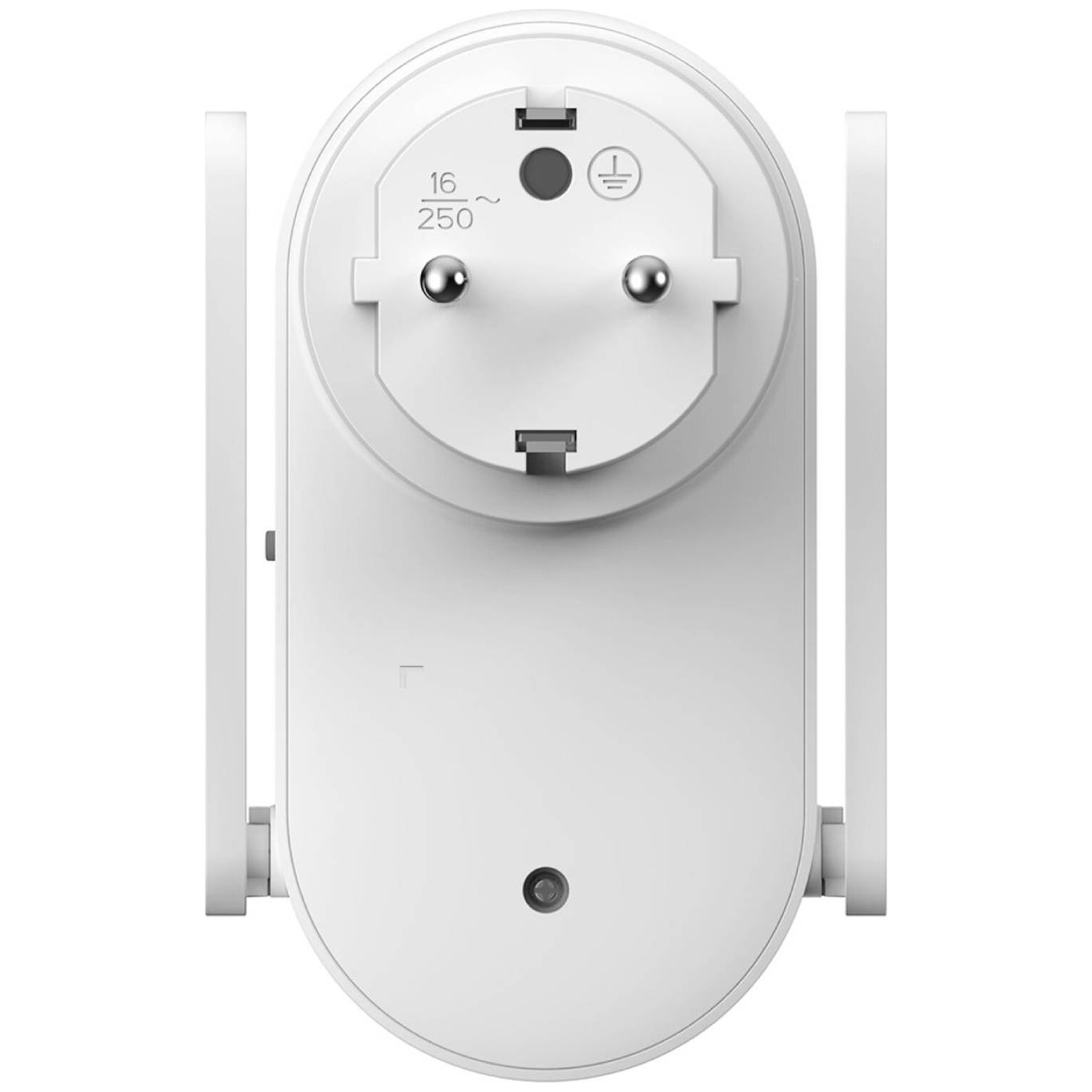A white smart plug with two prongs and a round grounding pin. It has two antennas on each side. The plug has numbers: 16/250.