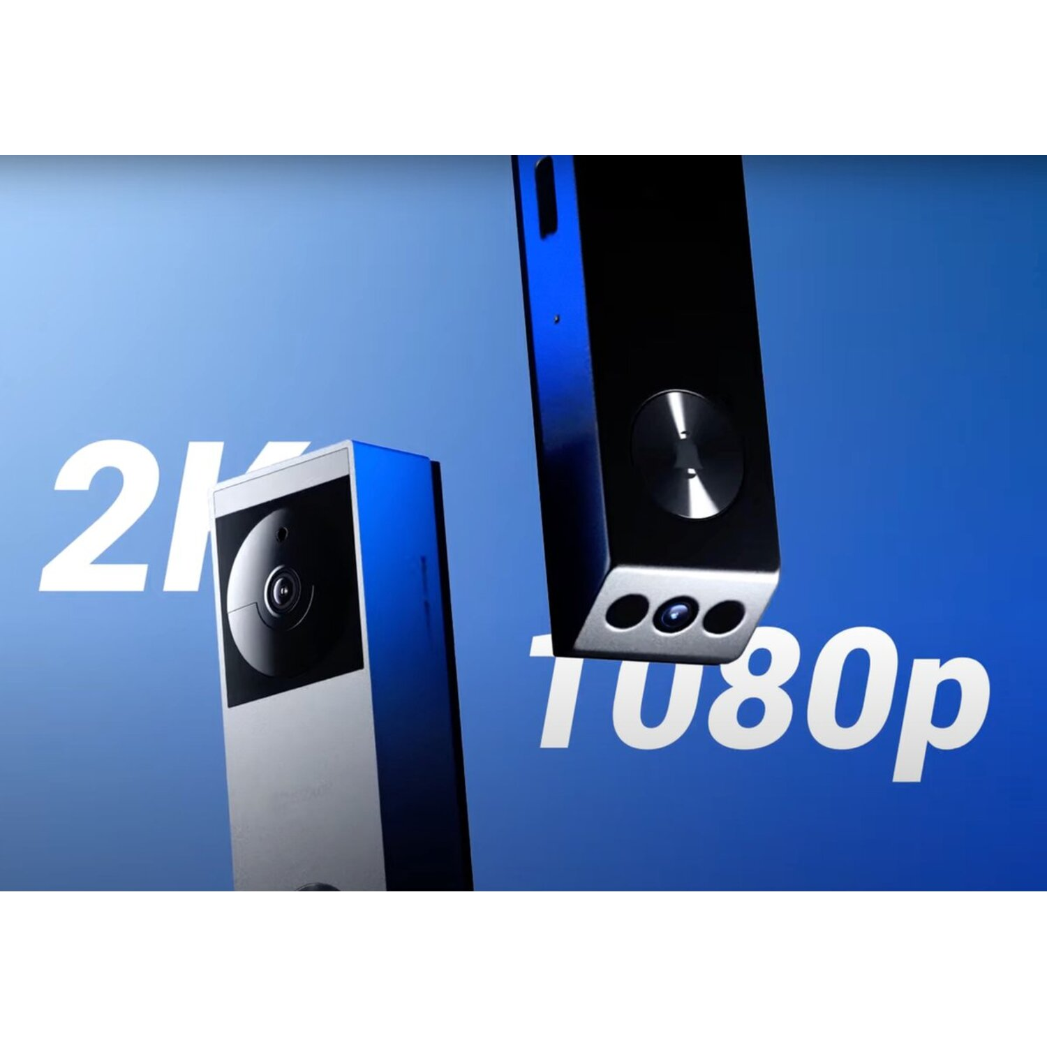 Two black and silver cameras against a blue gradient. Text reads '2K' and '1080p'.