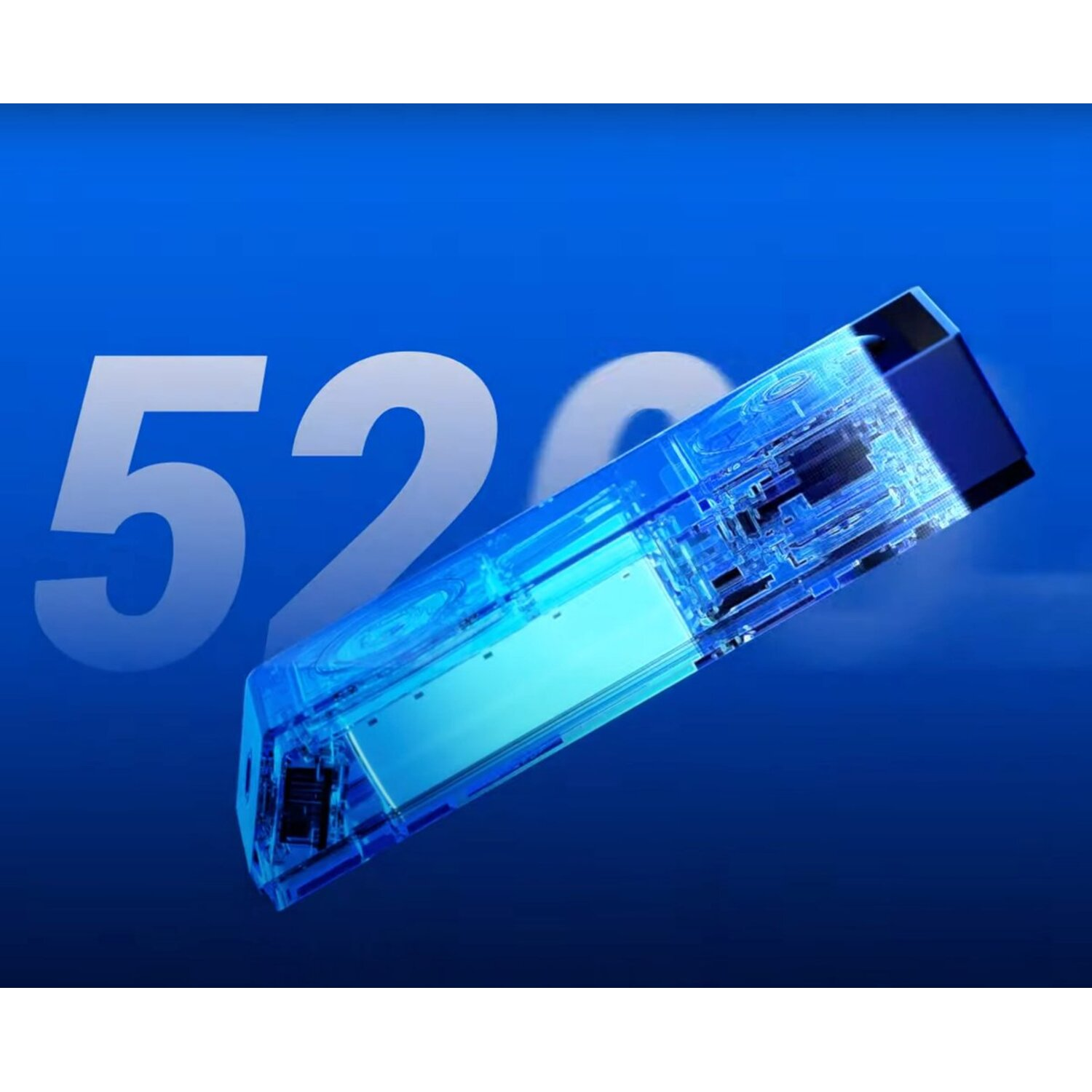 A translucent blue electronic device with internal components is displayed diagonally. Large white numbers 52 appear in the background.