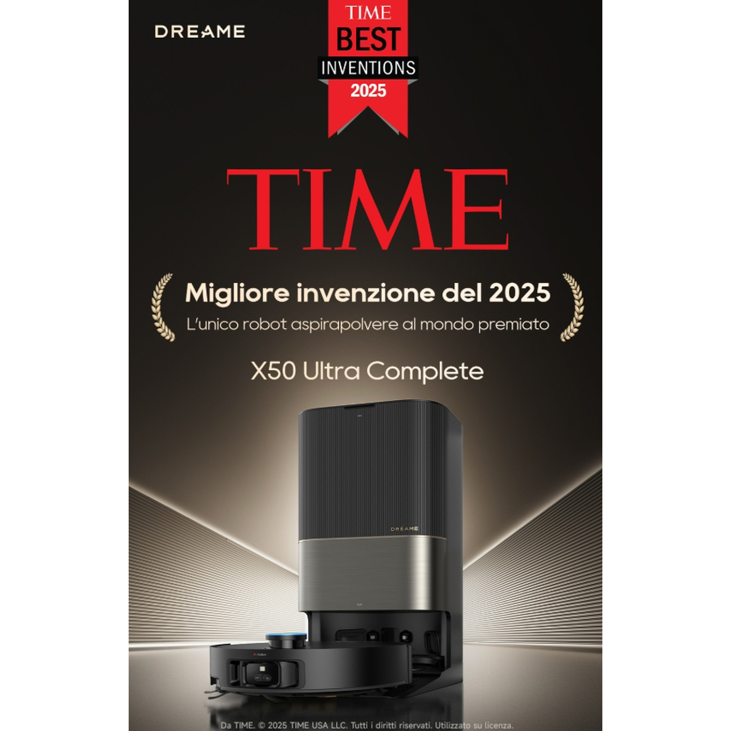 Aspirapolvere robot Dreame X50 Ultra Complete, premiato da TIME come Migliori Invenzioni 2025. Design nero e argento, su sfondo sfumato.