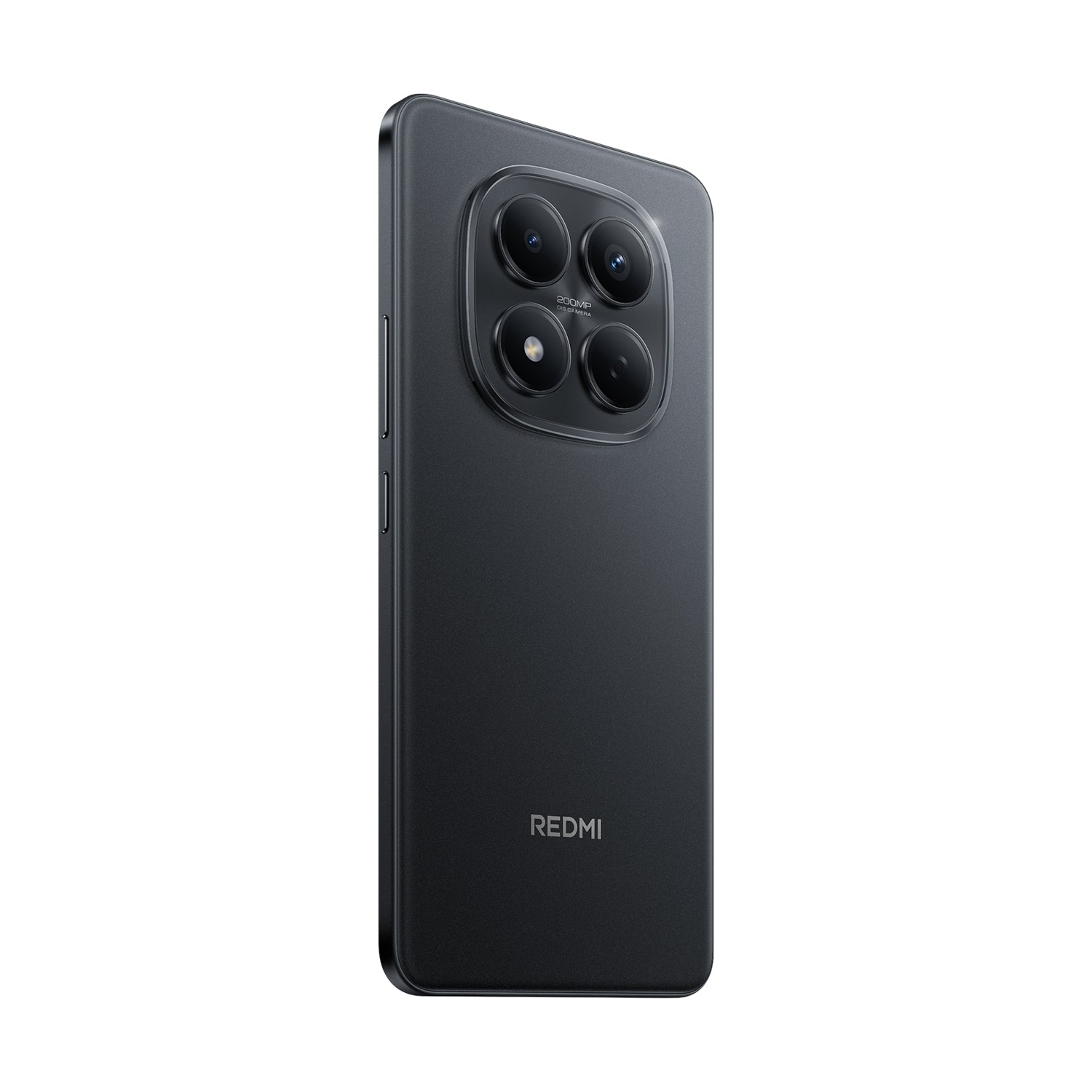 Un telefono Redmi nero. Ha quattro fotocamere posteriori e un logo Redmi. Il telefono è angolato, mostrando il retro.