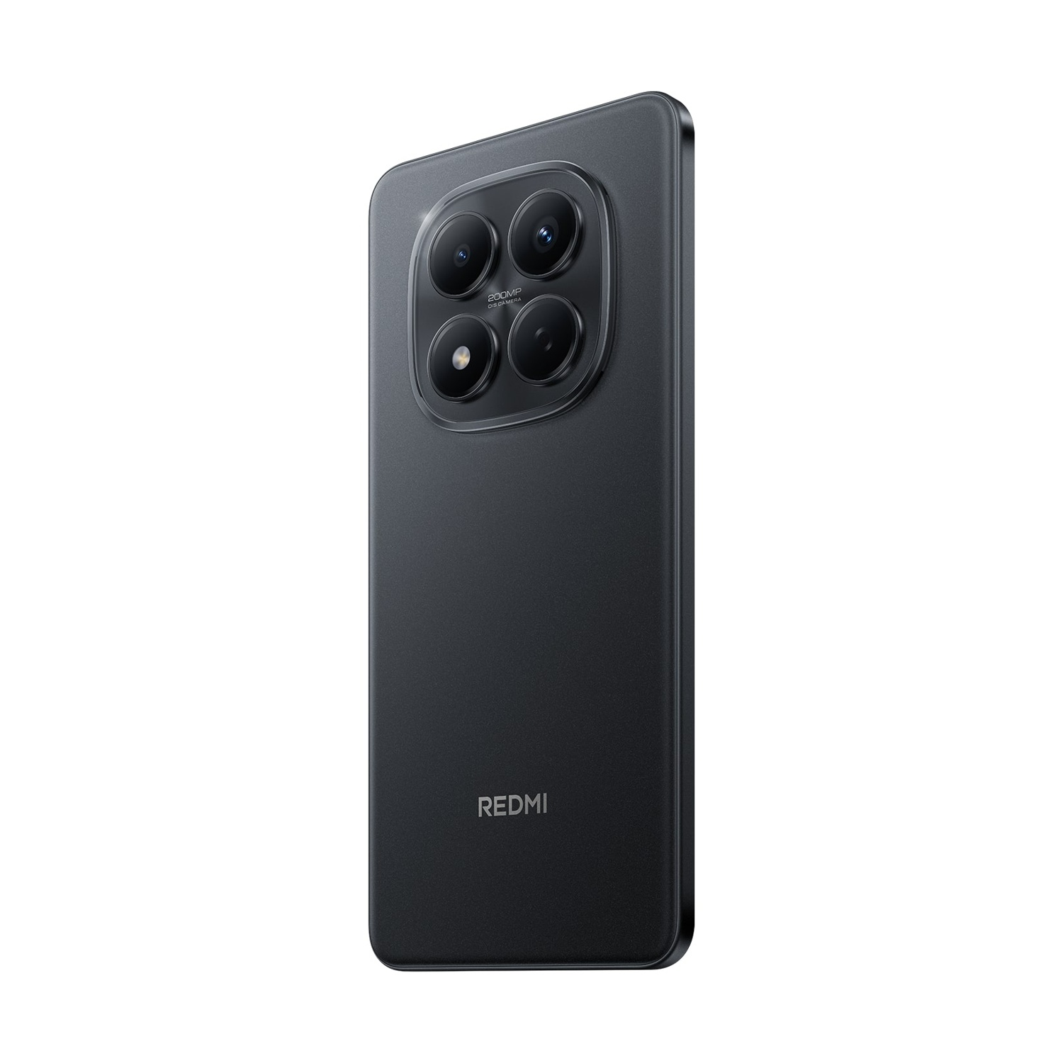 Smartphone nero con quattro lenti della fotocamera. La parola REDMI è stampata in basso. Lo sfondo è bianco.