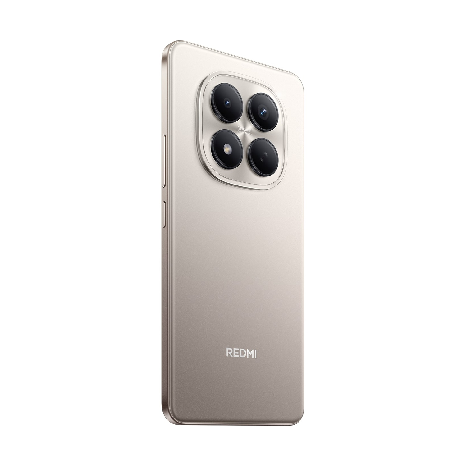 Uno smartphone beige con quattro obiettivi. Il logo Redmi è in basso. Il telefono è su sfondo bianco.
