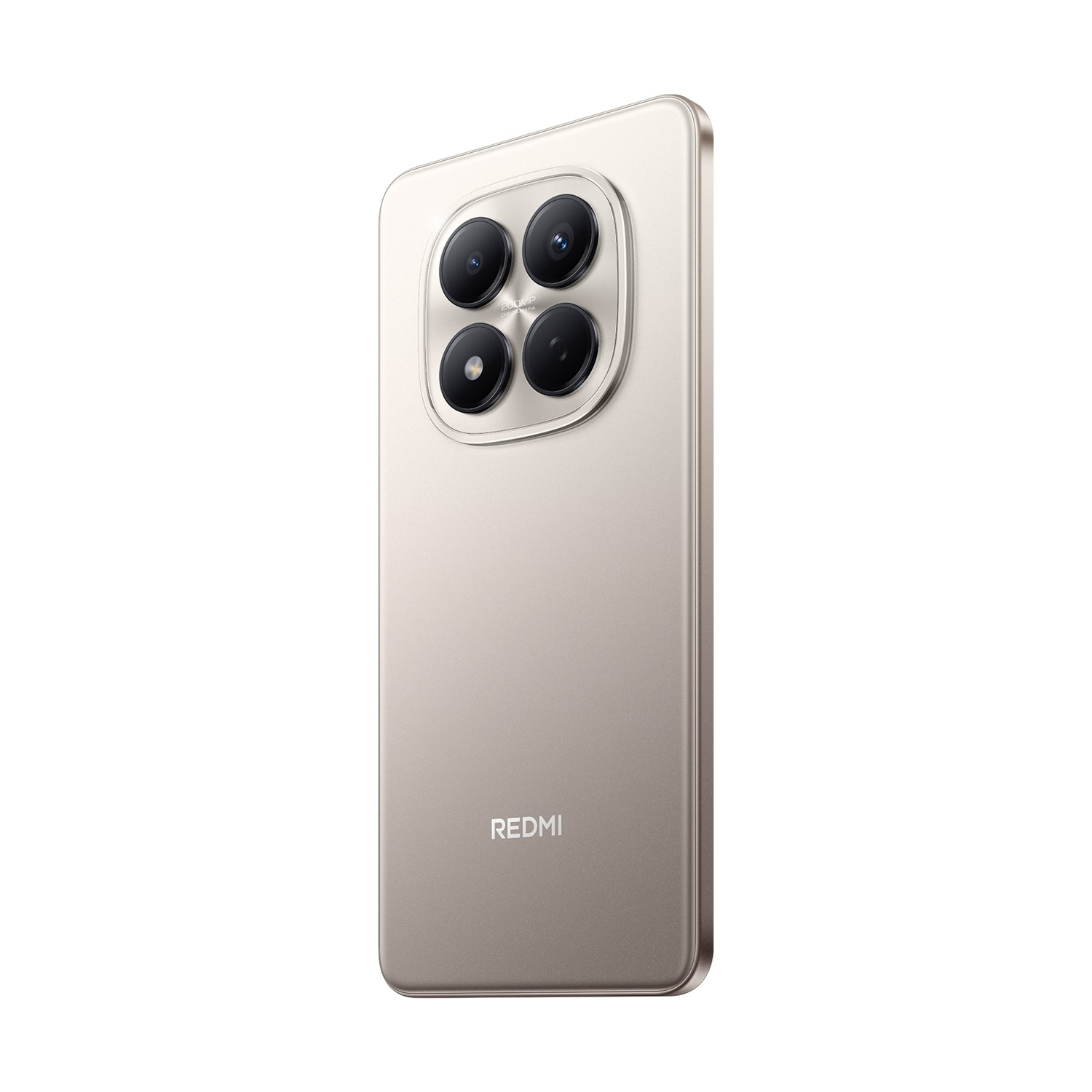 È mostrato uno smartphone beige con quattro fotocamere posteriori. Il logo 'REDMI' è visibile sul retro. Lo sfondo è bianco.