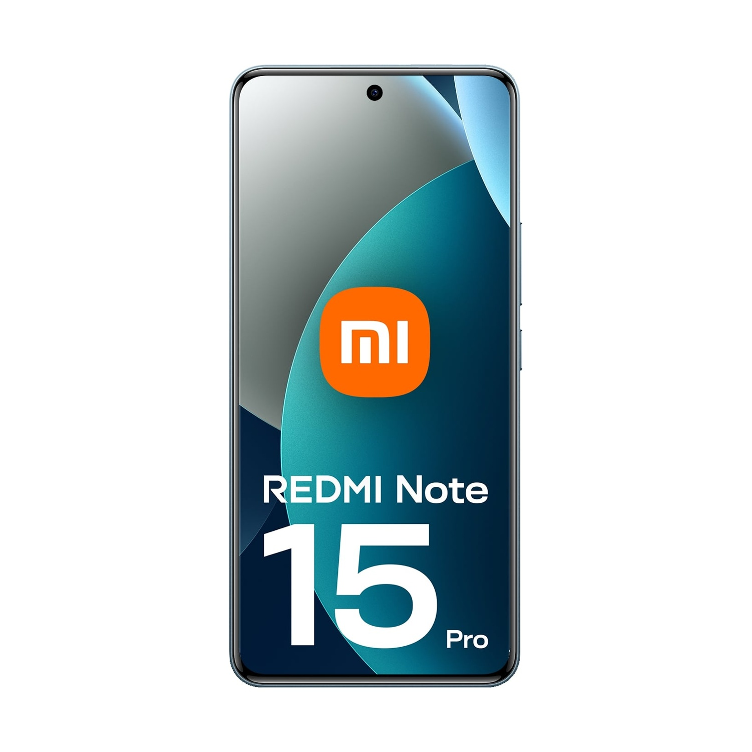 Uno smartphone con schermo che mostra il logo Redmi Note 15 Pro e il logo arancione Xiaomi su sfondo blu sfumato.