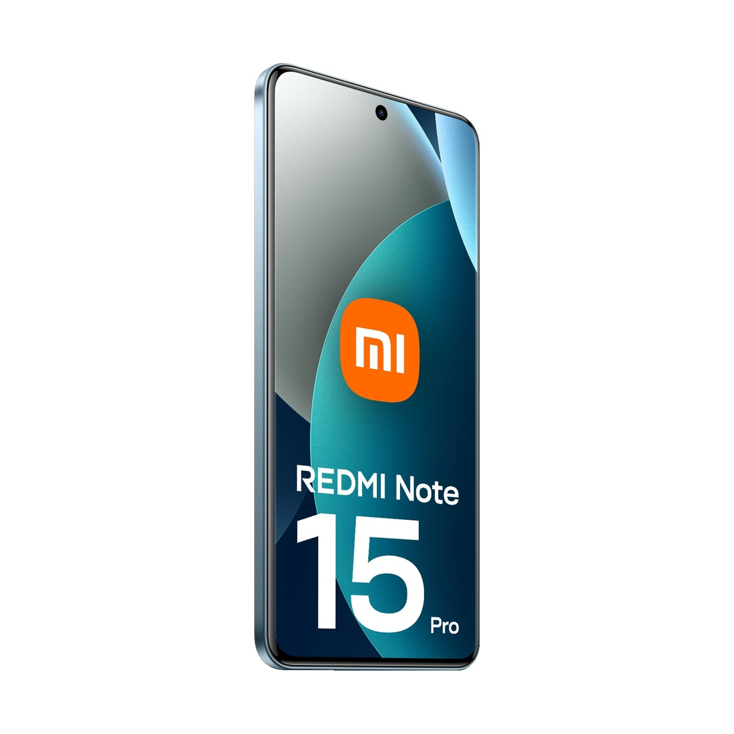 Uno smartphone con schermo curvo. Ha il logo Xiaomi, Redmi Note 15 Pro e uno sfondo verde acqua e arancione.
