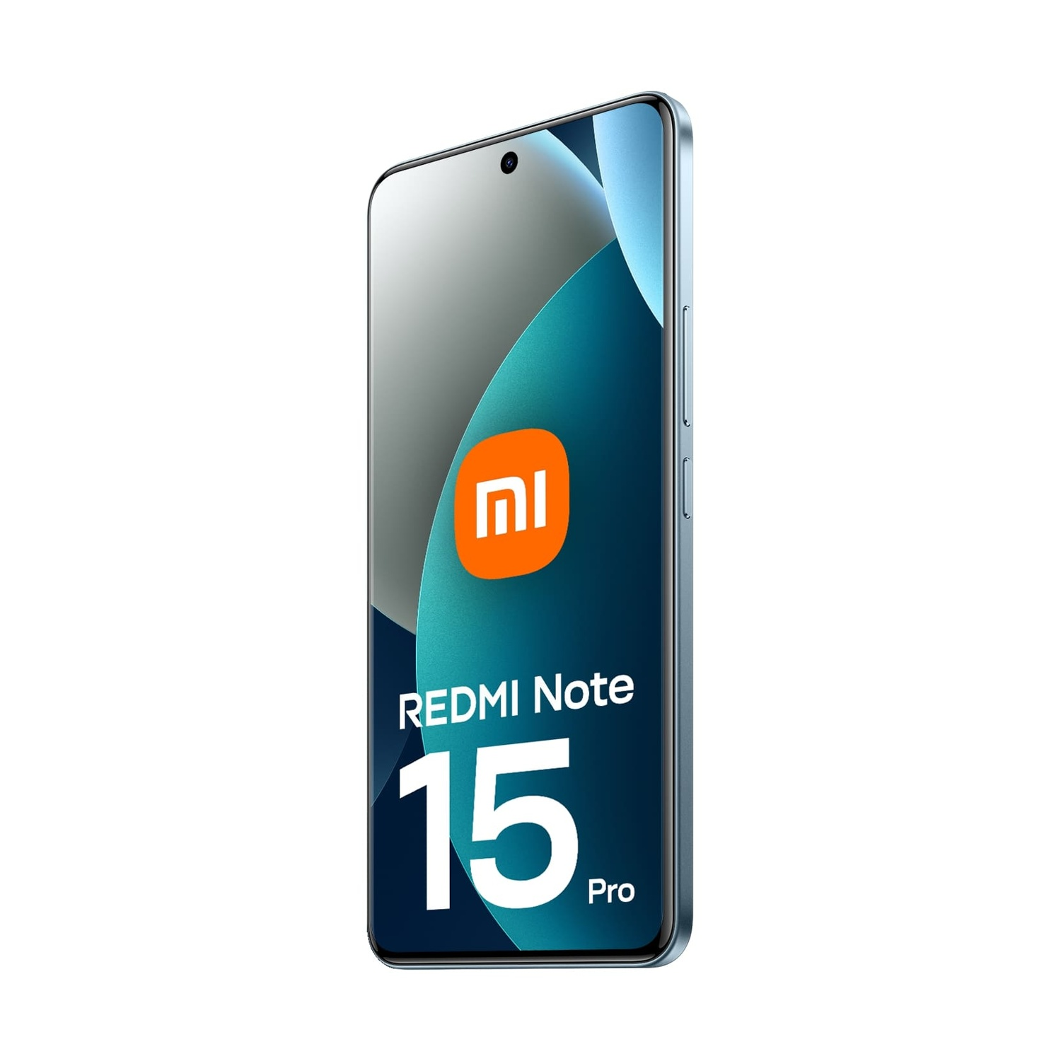 Un telefono Redmi Note 15 Pro su sfondo bianco. Ha uno schermo con un design sfumato e il logo del marchio.