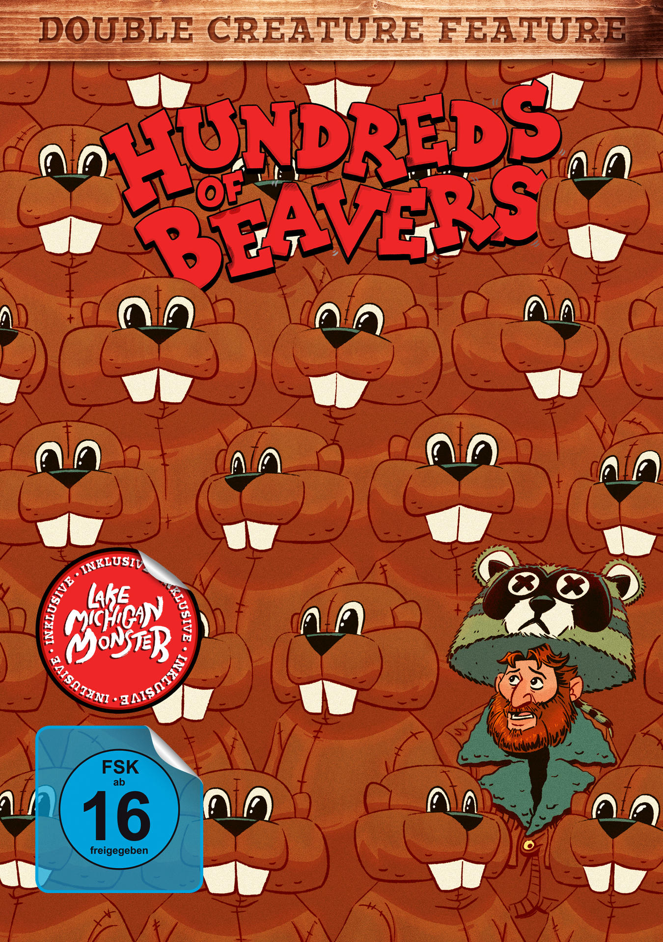 Poster für "Hundreds of Beavers". Zeigt Cartoon-Biber, einen Mann mit Waschbärhut und einen "Lake Michigan Monster"-Aufkleber.