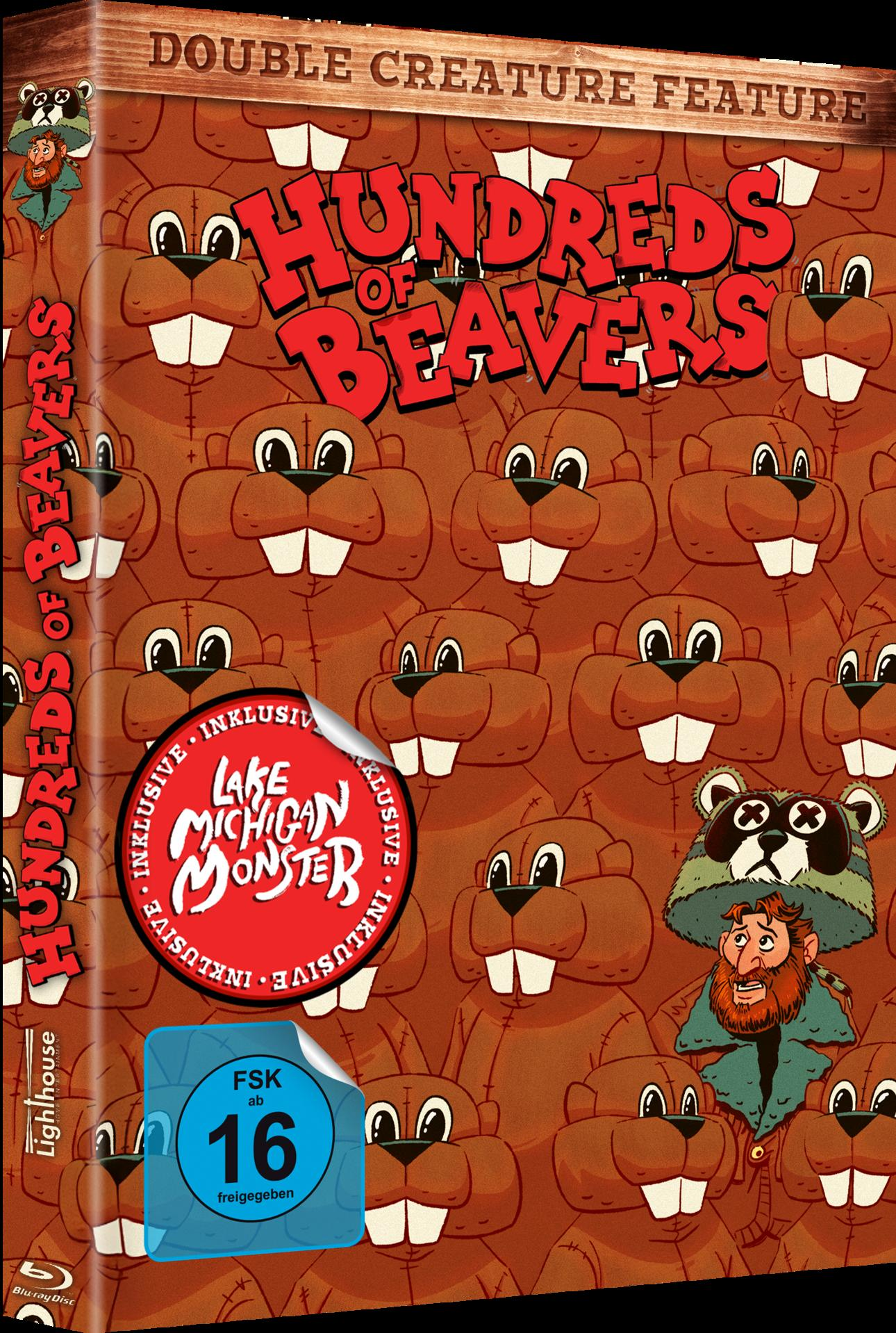 DVD-Cover: Hundreds of Beavers. Braune Biber, roter Text. Ein Mann mit Bart und einem Waschbären auf dem Kopf sind zu sehen.