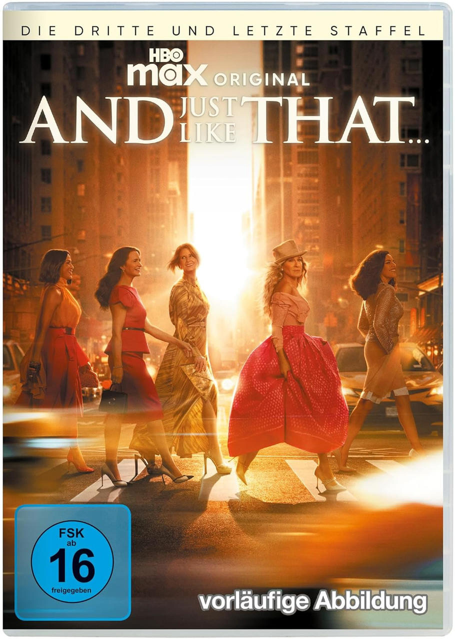 DVD-Cover für 'And Just Like That'. Fünf Frauen überqueren die Straße. Titel oben. FSK 16-Logo unten.