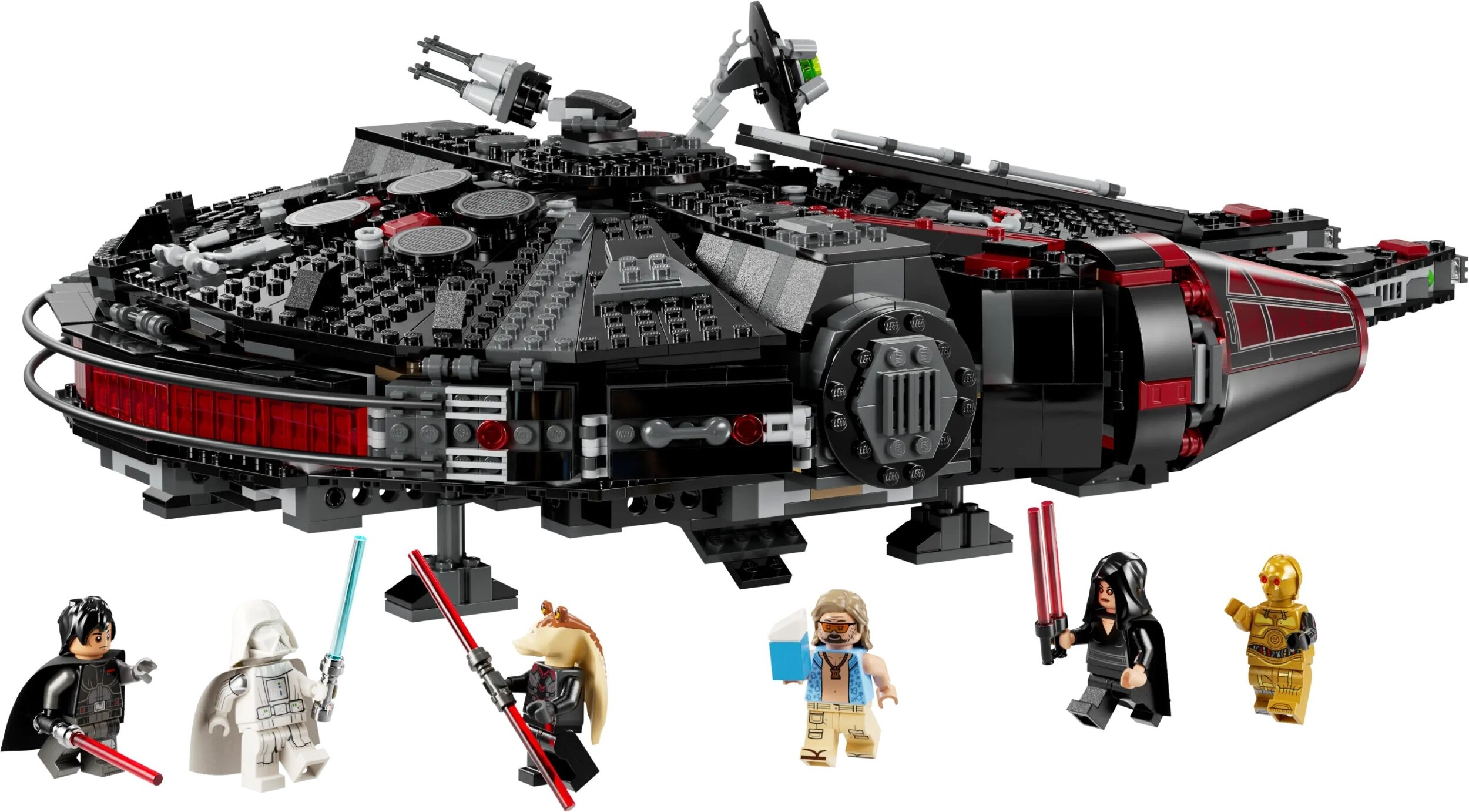 Zestaw Lego Star Wars przedstawiający Sokoła Millenium z różnymi minifigurkami, w tym Darthem Vaderem i C-3PO.