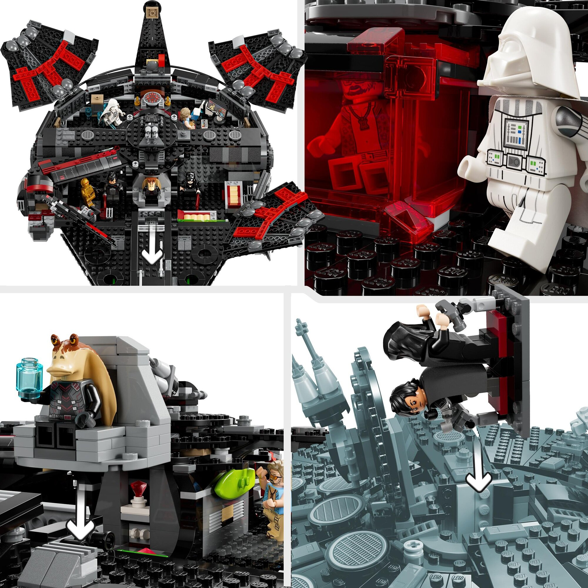 Zestaw Lego Star Wars. Zawiera Darth Vadera, Jar Jar Binksa i inne minifigurki w czarno-czerwonym statku.