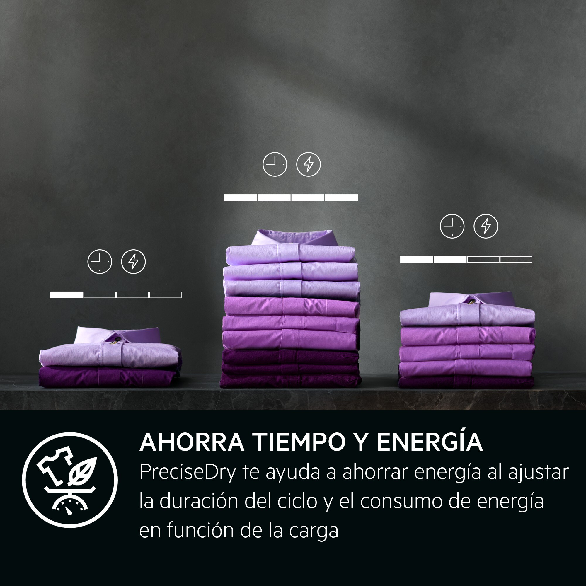 La imagen muestra pilas de camisas moradas dobladas. Hay iconos de ahorro de tiempo y energía. Texto: ahorra tiempo y energía.