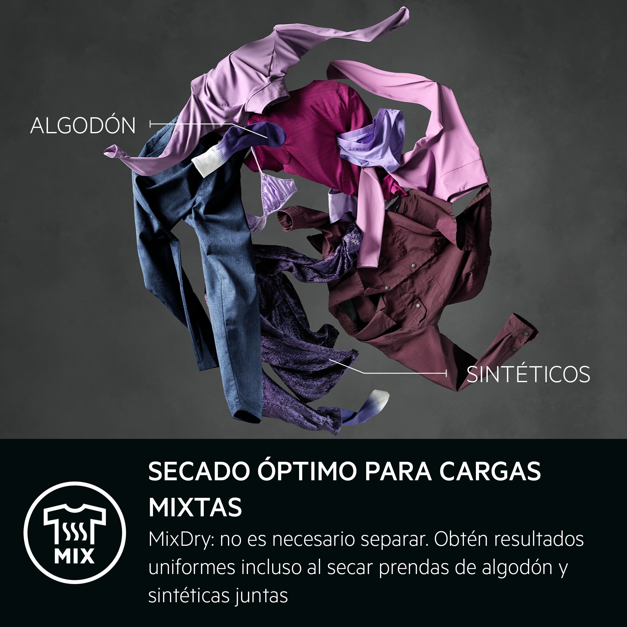 Ropa de diferentes colores flotando sobre un fondo gris. El texto dice 'Algodón' y 'Sintéticos', con el texto 'MixDry' abajo.